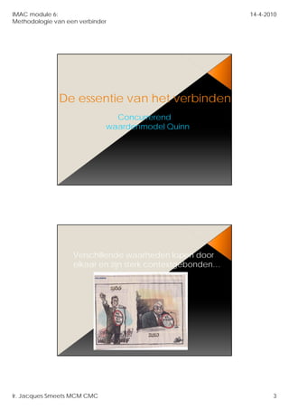 IMAC module 6:                                             14-4-2010
Methodologie van een verbinder




              De essentie van het verbinden
                               Concurrerend
                             waardenmodel Quinn




                   Verschillende waarheden lopen door
                   elkaar en zijn sterk contextgebonden…
                               j               g




Ir. Jacques Smeets MCM CMC                                        3
 