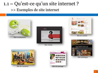1.1 – Qu’est-ce qu’un site internet ?
>> Exemples de site internet

Site de cuisine

Site e-commerce

Site vitrine

Site artistique

Site de vacances

Site de mariage

8

 