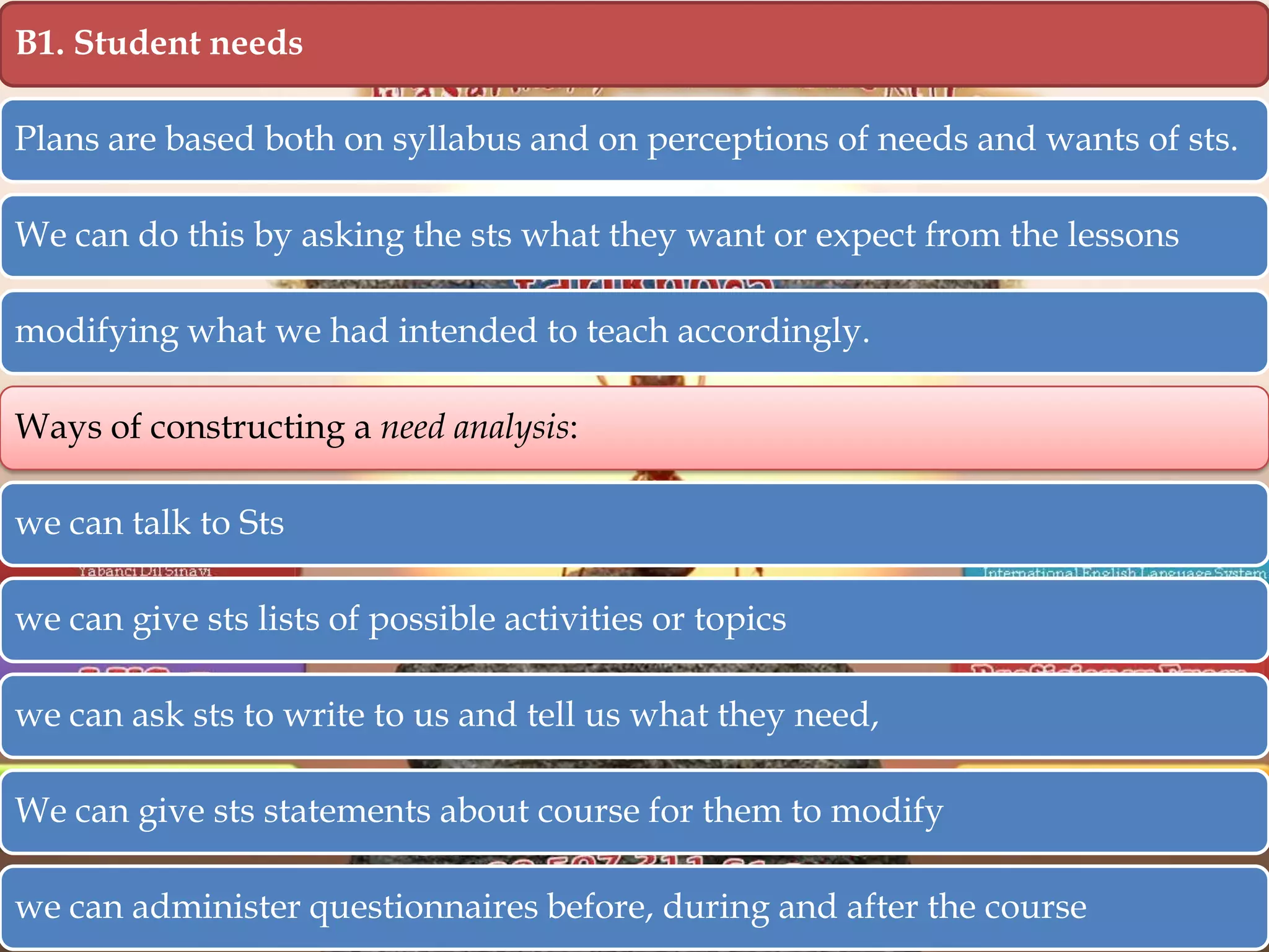B1. Student needs
Plans are based both on syllabus and on perceptions of needs and wants of sts.
We can do this by asking the sts what they want or expect from the lessons
modifying what we had intended to teach accordingly.
Ways of constructing a need analysis:
we can talk to Sts
we can give sts lists of possible activities or topics
we can ask sts to write to us and tell us what they need,
We can give sts statements about course for them to modify
we can administer questionnaires before, during and after the course

 