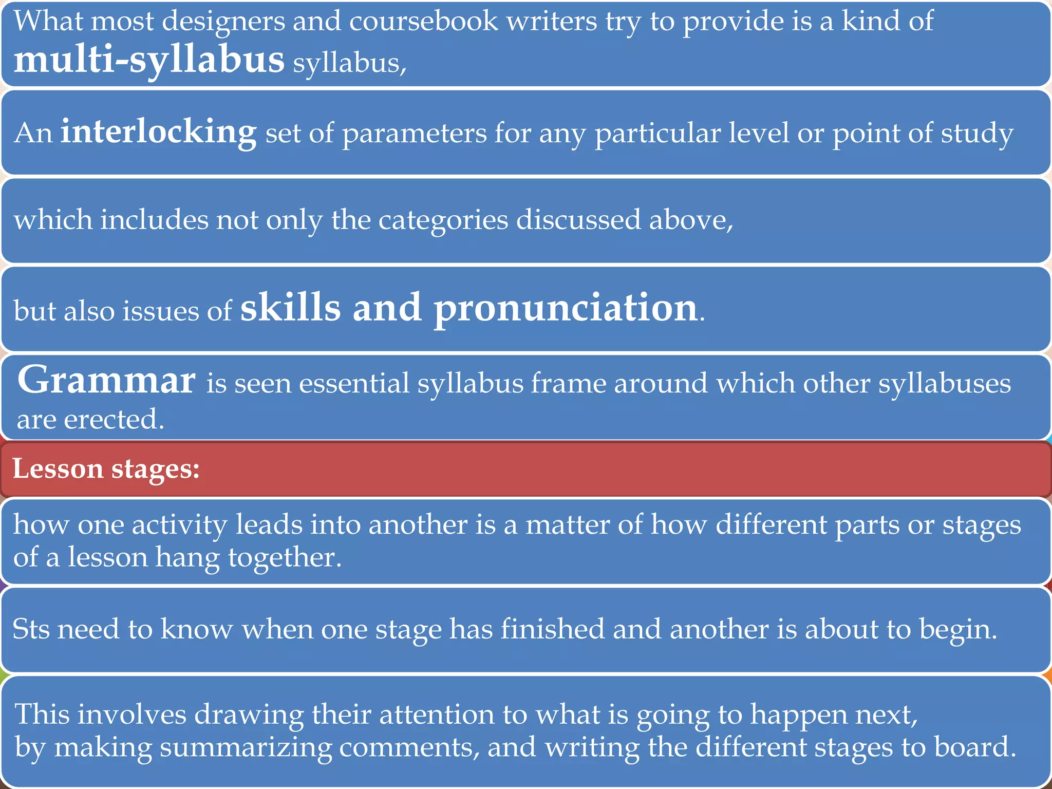 What most designers and coursebook writers try to provide is a kind of
multi-syllabus syllabus,
An interlocking set of parameters for any particular level or point of study
which includes not only the categories discussed above,
but also issues of skills

and pronunciation.

Grammar is seen essential syllabus frame around which other syllabuses
are erected.

Lesson stages:
how one activity leads into another is a matter of how different parts or stages
of a lesson hang together.
Sts need to know when one stage has finished and another is about to begin.
This involves drawing their attention to what is going to happen next,
by making summarizing comments, and writing the different stages to board.

 