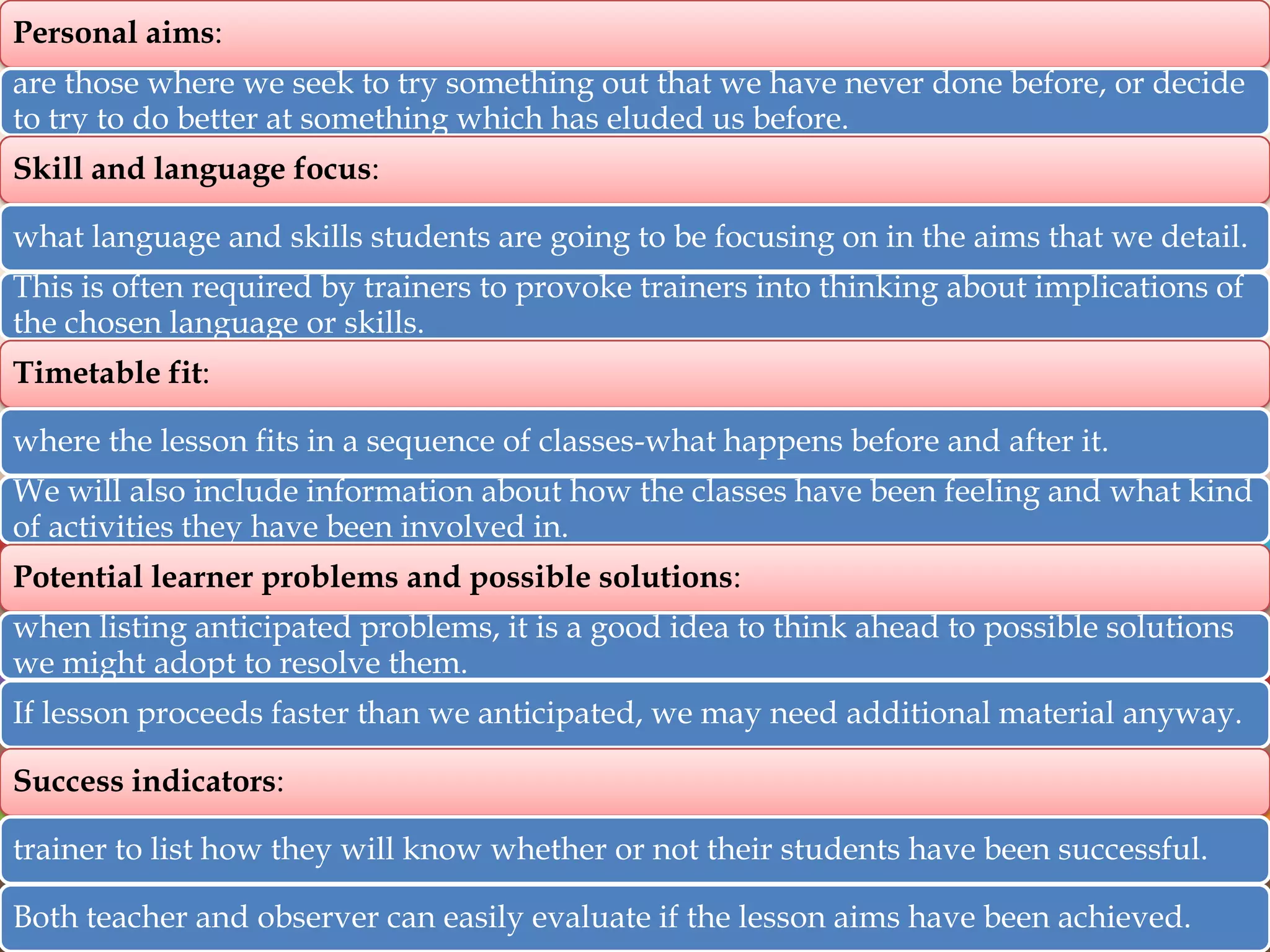 Personal aims:
are those where we seek to try something out that we have never done before, or decide
to try to do better at something which has eluded us before.
Skill and language focus:
what language and skills students are going to be focusing on in the aims that we detail.
This is often required by trainers to provoke trainers into thinking about implications of
the chosen language or skills.
Timetable fit:
where the lesson fits in a sequence of classes-what happens before and after it.
We will also include information about how the classes have been feeling and what kind
of activities they have been involved in.
Potential learner problems and possible solutions:
when listing anticipated problems, it is a good idea to think ahead to possible solutions
we might adopt to resolve them.
If lesson proceeds faster than we anticipated, we may need additional material anyway.
Success indicators:
trainer to list how they will know whether or not their students have been successful.
Both teacher and observer can easily evaluate if the lesson aims have been achieved.

 
