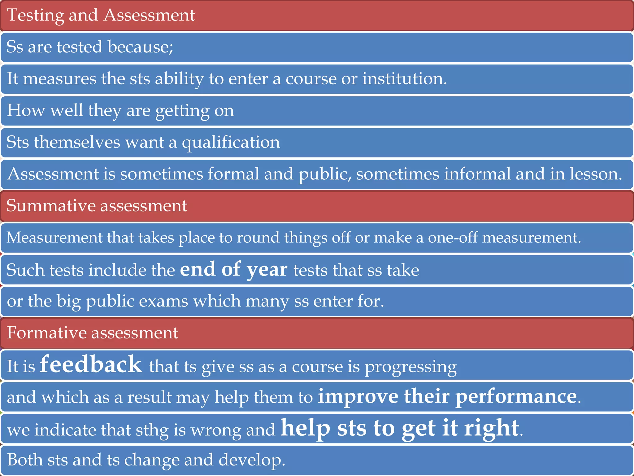 Testing and Assessment
Ss are tested because;

It measures the sts ability to enter a course or institution.
How well they are getting on
Sts themselves want a qualification
Assessment is sometimes formal and public, sometimes informal and in lesson.
Summative assessment
Measurement that takes place to round things off or make a one-off measurement.

Such tests include the end of year tests that ss take
or the big public exams which many ss enter for.
Formative assessment
It is feedback that ts give ss as a course is progressing
and which as a result may help them to improve their performance.

we indicate that sthg is wrong and help
Both sts and ts change and develop.

sts to get it right.

 