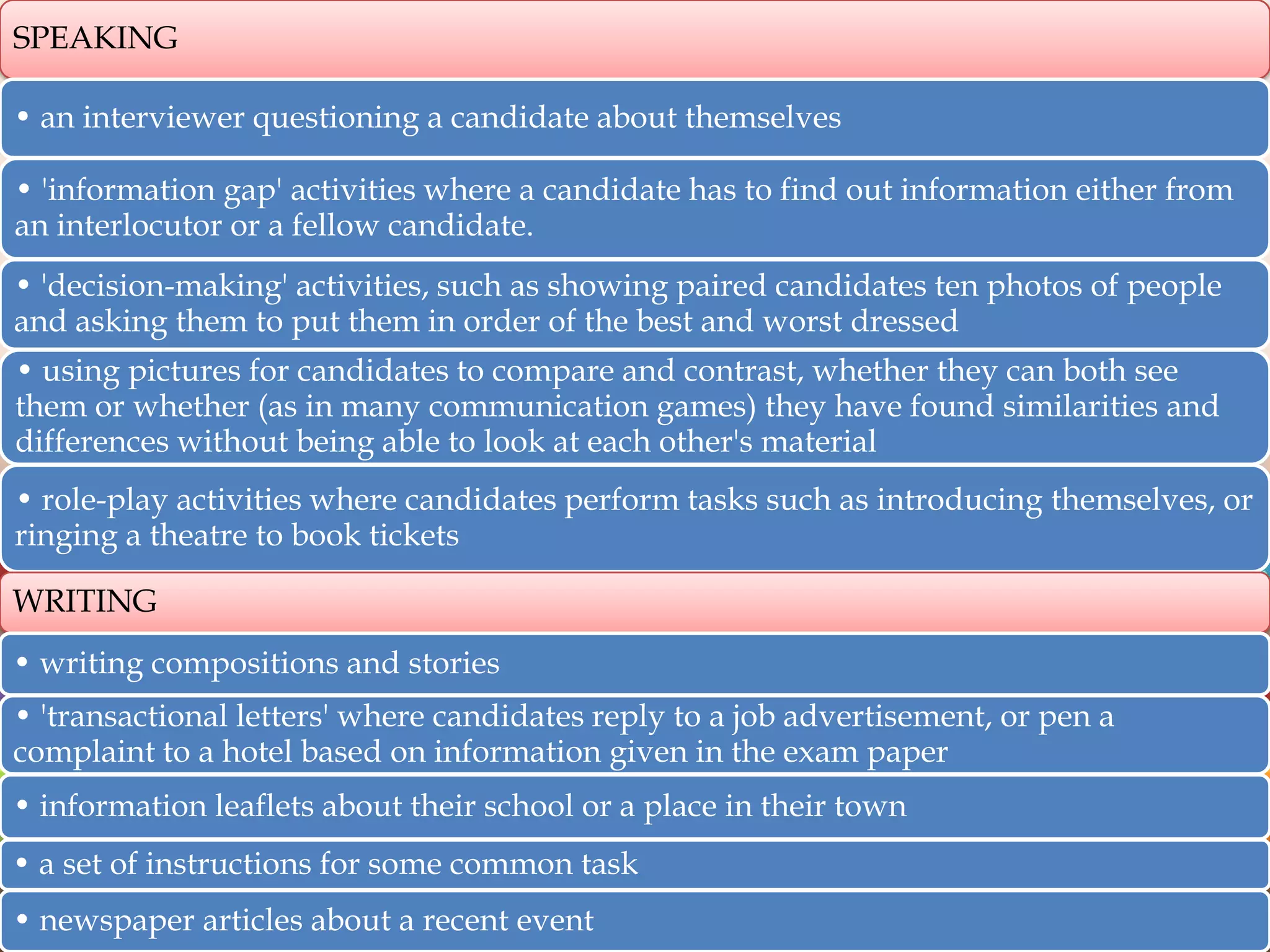 SPEAKING
• an interviewer questioning a candidate about themselves
• 'information gap' activities where a candidate has to find out information either from
an interlocutor or a fellow candidate.
• 'decision-making' activities, such as showing paired candidates ten photos of people
and asking them to put them in order of the best and worst dressed
• using pictures for candidates to compare and contrast, whether they can both see
them or whether (as in many communication games) they have found similarities and
differences without being able to look at each other's material

• role-play activities where candidates perform tasks such as introducing themselves, or
ringing a theatre to book tickets
WRITING
• writing compositions and stories
• 'transactional letters' where candidates reply to a job advertisement, or pen a
complaint to a hotel based on information given in the exam paper
• information leaflets about their school or a place in their town
• a set of instructions for some common task
• newspaper articles about a recent event

 