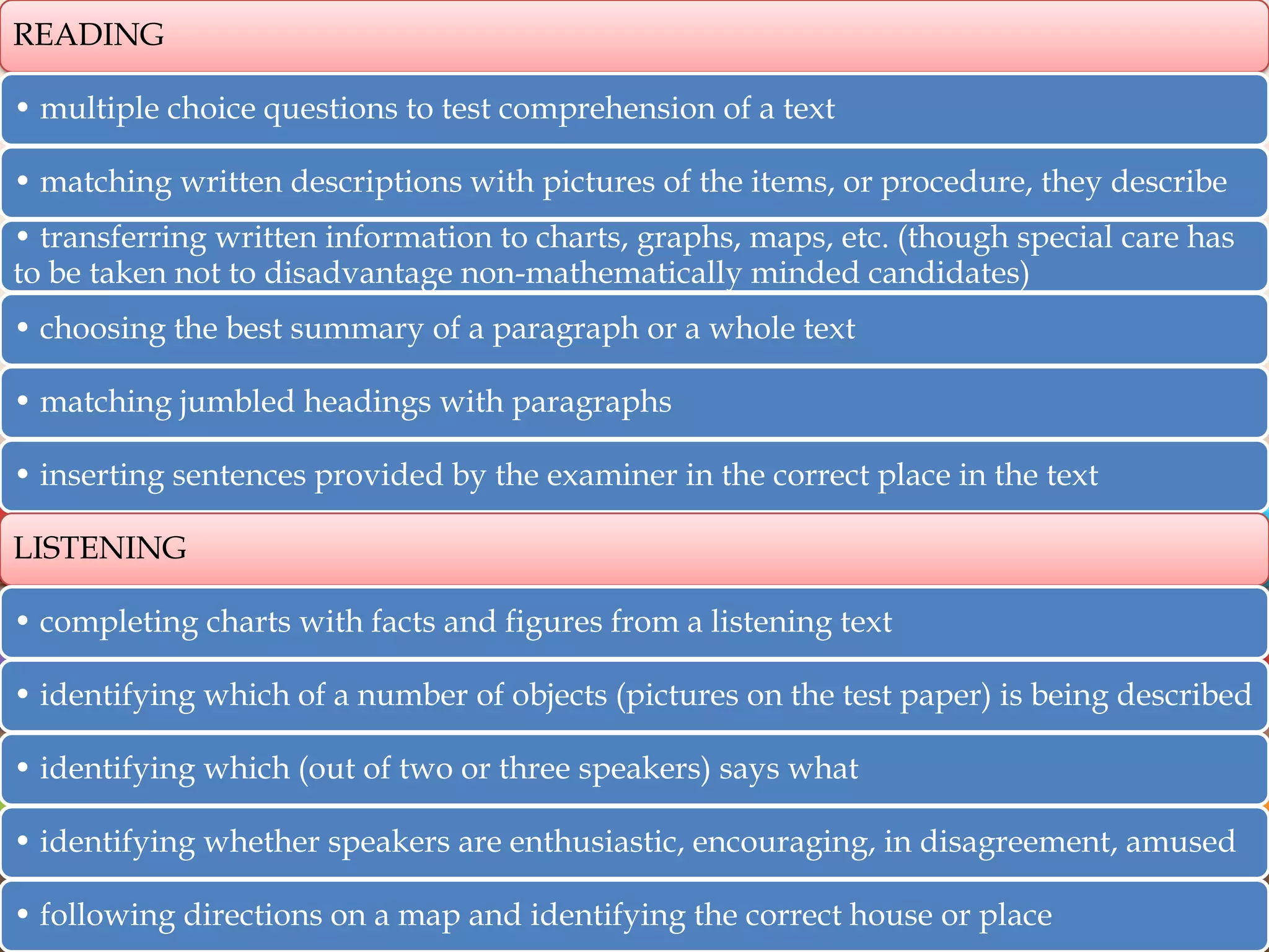 READING

• multiple choice questions to test comprehension of a text
• matching written descriptions with pictures of the items, or procedure, they describe
• transferring written information to charts, graphs, maps, etc. (though special care has
to be taken not to disadvantage non-mathematically minded candidates)
• choosing the best summary of a paragraph or a whole text

• matching jumbled headings with paragraphs
• inserting sentences provided by the examiner in the correct place in the text
LISTENING
• completing charts with facts and figures from a listening text

• identifying which of a number of objects (pictures on the test paper) is being described
• identifying which (out of two or three speakers) says what
• identifying whether speakers are enthusiastic, encouraging, in disagreement, amused
• following directions on a map and identifying the correct house or place

 