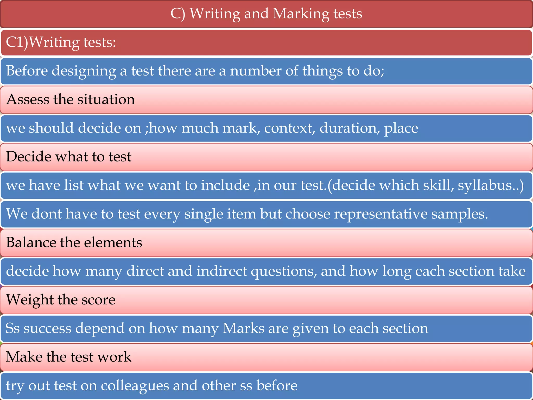 C) Writing and Marking tests
C1)Writing tests:
Before designing a test there are a number of things to do;
Assess the situation
we should decide on ;how much mark, context, duration, place
Decide what to test
we have list what we want to include ,in our test.(decide which skill, syllabus..)
We dont have to test every single item but choose representative samples.

Balance the elements
decide how many direct and indirect questions, and how long each section take

Weight the score
Ss success depend on how many Marks are given to each section

Make the test work
try out test on colleagues and other ss before

 