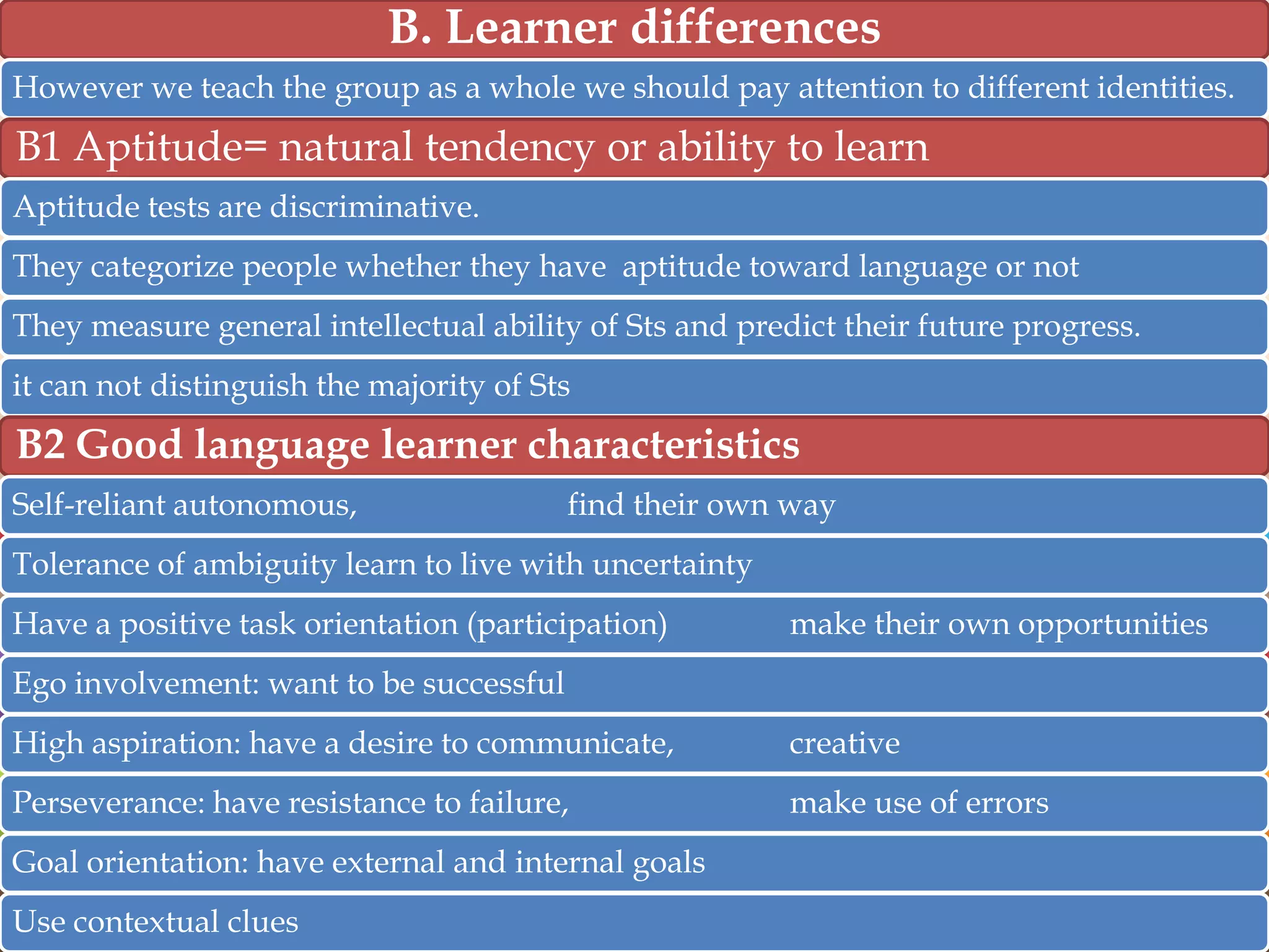 B. Learner differences
However we teach the group as a whole we should pay attention to different identities.

B1 Aptitude= natural tendency or ability to learn
Aptitude tests are discriminative.
They categorize people whether they have aptitude toward language or not
They measure general intellectual ability of Sts and predict their future progress.
it can not distinguish the majority of Sts

B2 Good language learner characteristics
Self-reliant autonomous,

find their own way

Tolerance of ambiguity learn to live with uncertainty
Have a positive task orientation (participation)

make their own opportunities

Ego involvement: want to be successful
High aspiration: have a desire to communicate,

creative

Perseverance: have resistance to failure,

make use of errors

Goal orientation: have external and internal goals
Use contextual clues

 