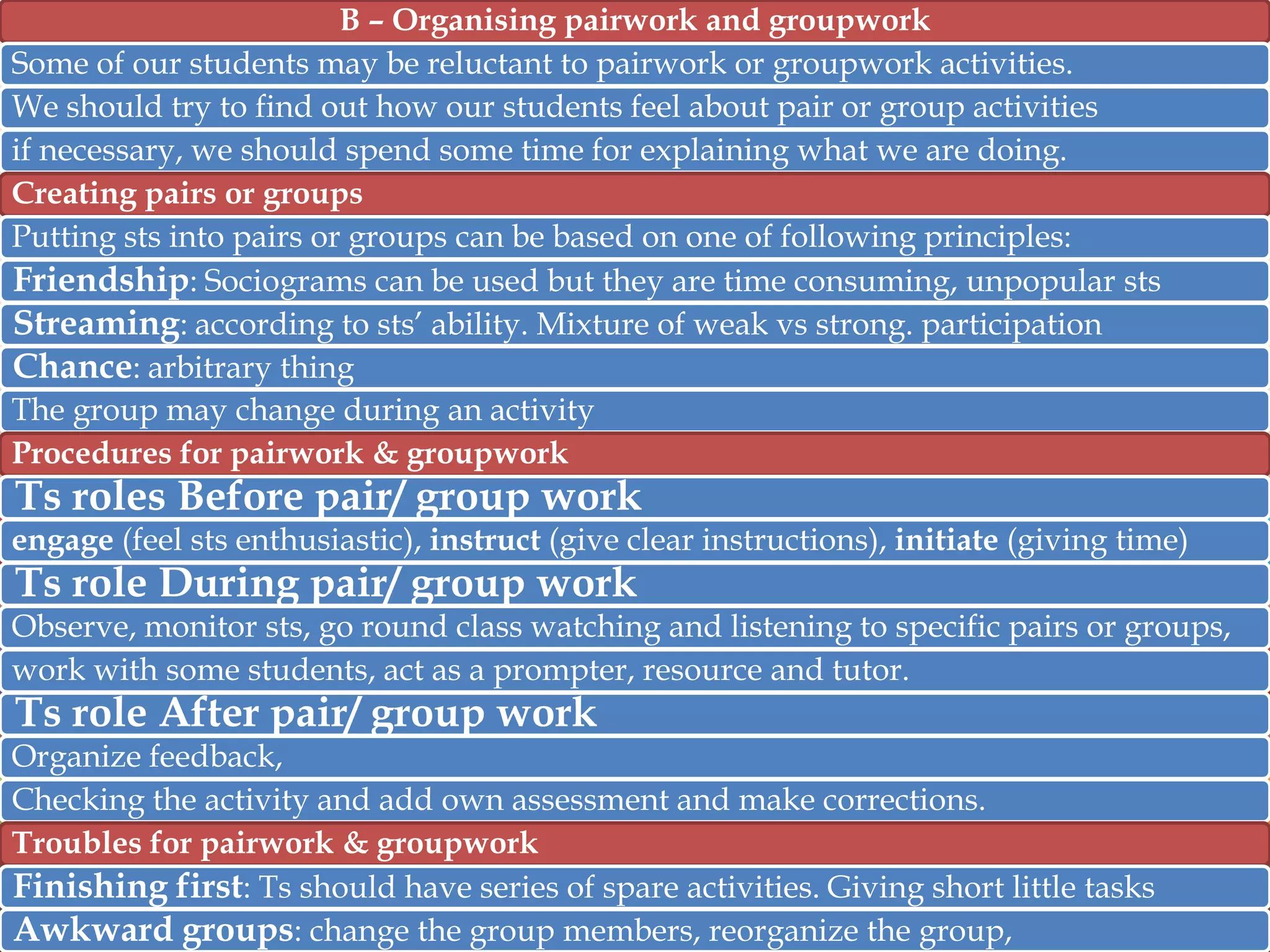 B – Organising pairwork and groupwork
Some of our students may be reluctant to pairwork or groupwork activities.
We should try to find out how our students feel about pair or group activities
if necessary, we should spend some time for explaining what we are doing.
Creating pairs or groups
Putting sts into pairs or groups can be based on one of following principles:
Friendship: Sociograms can be used but they are time consuming, unpopular sts
Streaming: according to sts‟ ability. Mixture of weak vs strong. participation
Chance: arbitrary thing
The group may change during an activity
Procedures for pairwork & groupwork

Ts roles Before pair/ group work

engage (feel sts enthusiastic), instruct (give clear instructions), initiate (giving time)

Ts role During pair/ group work

Observe, monitor sts, go round class watching and listening to specific pairs or groups,
work with some students, act as a prompter, resource and tutor.

Ts role After pair/ group work

Organize feedback,
Checking the activity and add own assessment and make corrections.
Troubles for pairwork & groupwork
Finishing first: Ts should have series of spare activities. Giving short little tasks
Awkward groups: change the group members, reorganize the group,

 