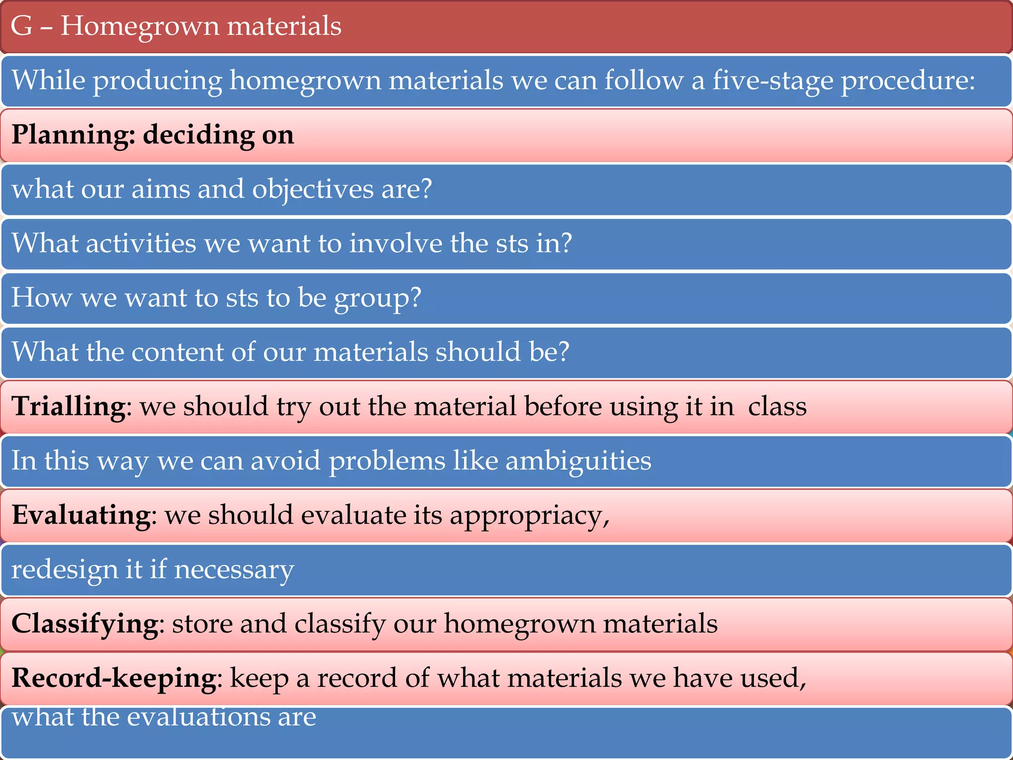 G – Homegrown materials
While producing homegrown materials we can follow a five-stage procedure:
Planning: deciding on
what our aims and objectives are?
What activities we want to involve the sts in?
How we want to sts to be group?
What the content of our materials should be?
Trialling: we should try out the material before using it in class
In this way we can avoid problems like ambiguities
Evaluating: we should evaluate its appropriacy,
redesign it if necessary
Classifying: store and classify our homegrown materials
Record-keeping: keep a record of what materials we have used,
what the evaluations are

 
