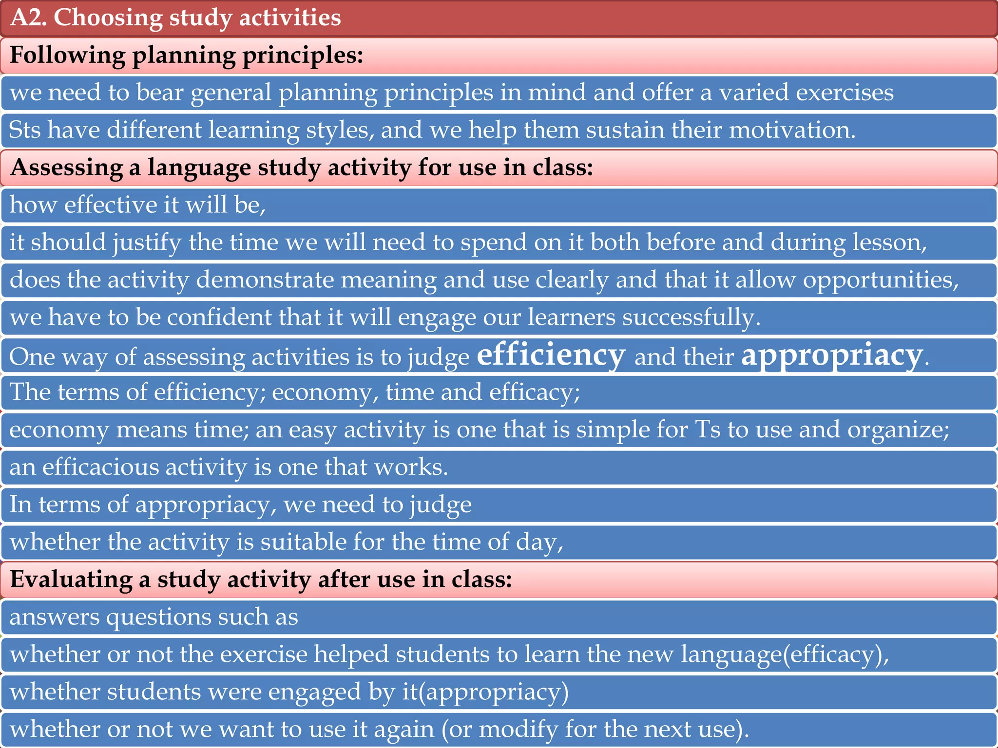 A2. Choosing study activities
Following planning principles:
we need to bear general planning principles in mind and offer a varied exercises
Sts have different learning styles, and we help them sustain their motivation.

Assessing a language study activity for use in class:
how effective it will be,
it should justify the time we will need to spend on it both before and during lesson,
does the activity demonstrate meaning and use clearly and that it allow opportunities,
we have to be confident that it will engage our learners successfully.
One way of assessing activities is to judge efficiency and their appropriacy.
The terms of efficiency; economy, time and efficacy;
economy means time; an easy activity is one that is simple for Ts to use and organize;
an efficacious activity is one that works.
In terms of appropriacy, we need to judge
whether the activity is suitable for the time of day,
Evaluating a study activity after use in class:

answers questions such as
whether or not the exercise helped students to learn the new language(efficacy),
whether students were engaged by it(appropriacy)
whether or not we want to use it again (or modify for the next use).

 