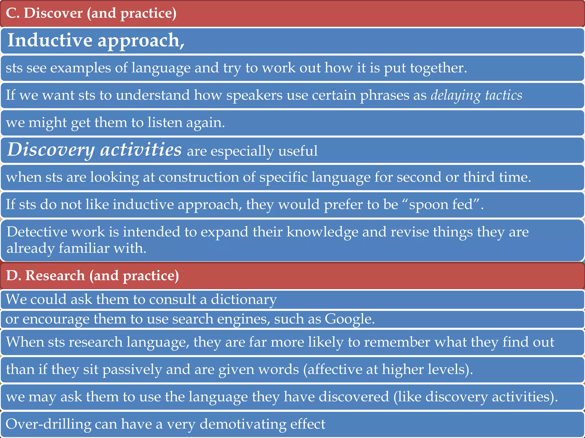 C. Discover (and practice)

Inductive approach,
sts see examples of language and try to work out how it is put together.
If we want sts to understand how speakers use certain phrases as delaying tactics

we might get them to listen again.

Discovery activities are especially useful
when sts are looking at construction of specific language for second or third time.
If sts do not like inductive approach, they would prefer to be “spoon fed”.
Detective work is intended to expand their knowledge and revise things they are
already familiar with.

D. Research (and practice)
We could ask them to consult a dictionary
or encourage them to use search engines, such as Google.
When sts research language, they are far more likely to remember what they find out
than if they sit passively and are given words (affective at higher levels).

we may ask them to use the language they have discovered (like discovery activities).
Over-drilling can have a very demotivating effect

 