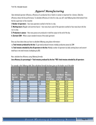 Text By: Mustafa Hussain
Apparel Manufacturing
Like individual operator efficiency, efficiency of a production line or batch or section is important for a factory. Daily line
efficiency shows the line performance. To calculate efficiency of a line for a day, you will need following data (information) from
the line supervisor or line recorder.
1. Number of operators – how many operators worked in the line in a day
2. Working hours (Regular and overtime hours) – how many hours each of the operators worked or how many hours the line
run in a day
3. Production in pieces – How many pieces are produced or total line output at the end of the day
4. Garment SAM – What is exact standard minute of the style (garment)
Once you have above data you have to calculate following using above information -
a. Total minutes produced by the line: To get total produced minutes multiply production pieces by SAM
b. Total minutes attended by the all operators in the line: Multiply number of operators by daily working hours and convert
total hours into total minutes (multiplying by 60).
Now, calculate line efficiency using following formula:
Line efficiency (in percentage) = Total minutes produced by the line *100 /total minutes attended by all operators
For example, refer following table. Data calculation formula has been given on the header row of the table.
No. of
Operator
(A)
Working
hours
(B)
line output
(production)
(C)
Garment
SAM
(D)
Total
minutes
attended
(E=A*B*60)
Total Minute
produced
(F=C*D)
Line
Efficiency
(%)
(F/E*100)
48 8 160 44.25 23040 7080 30.73
48 11 240 44.25 31680 10620 33.52
34 8 300 25 16320 7500 45.96
35 11 400 25 23100 10000 43.29
35 11 329 25 23100 8225 35.61
34 8 230 25 16320 5750 35.23
34 8 200 35 16320 7000 42.89
35 11 311 35 23100 10885 47.12
34 11 340 35 22440 11900 53.03
Z e n i t h M a r k e t i n g & C o n s u l t a n c y S e r v i c e s Page 25
 