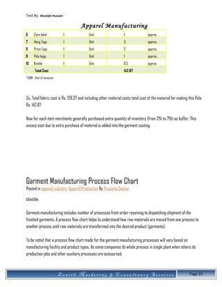 Text By: Mustafa Hussain
Apparel Manufacturing
6 Care label 1 Unit 1 approx.
7 Hang Tags 1 Unit 3 approx.
8 Price Tags 1 Unit 2 approx.
9 Poly bags 1 Unit 1 approx.
10 Kimble 1 Unit 0.5 approx.
Total Cost 142.87
*UOM - Unit of measure
So, Total fabric cost is Rs. 128.37 and including other material costs total cost of the material for making this Polo
Rs. 142.87
Now for each item merchants generally purchased extra quantity of inventory (from 2% to 7%) as buffer. This
excess cost due to extra purchase of material is added into the garment costing.
Garment Manufacturing Process Flow Chart
Posted in apparel industry, Apparel Production By Prasanta Sarkar
5544264
Garment manufacturing includes number of processes from order receiving to dispatching shipment of the
finished garments. A process flow chart helps to understand how raw materials are moved from one process to
another process until raw materials are transformed into the desired product (garments).
To be noted that a process flow chart made for the garment manufacturing processes will vary based on
manufacturing facility and product types. As some companies do whole process in single plant when others do
production jobs and other auxiliary processes are outsourced.
Z e n i t h M a r k e t i n g & C o n s u l t a n c y S e r v i c e s Page 25
 