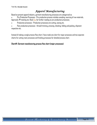 Text By: Mustafa Hussain
Apparel Manufacturing
Based on present apparel industry, garment manufacturing processes are categorized as
• Pre-Production Processes - Pre-production process includes sampling, sourcing of raw materials,
Approvals, PP meeting etc. Read this for further reading on pre-production processes.
• Production processes - Production processes are cutting, sewing etc.
• Post production processes - thread trimming, pressing, checking, folding and packing, shipment
inspection etc.
Instead of making a single process flow chart, I have made one chart for major processes and two separate
charts for cutting room processes and finishing processes for detailed process chart.
Chart#1. Garment manufacturing process flow chart (major processes)
Z e n i t h M a r k e t i n g & C o n s u l t a n c y S e r v i c e s Page 25
 