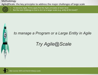 Methodology
Agile@Scale: the key principles to address the major challenges of large scale
• To become Agile, Firms apply first the Agile principles at team level
• But the next challenge is how to do it at a larger scale (e.g. entity & firm level)?
to manage a Program or a Large Entity in Agile
Try Agile@Scale
Main sources: SAFe and Henrik Kniberg’s posts
 