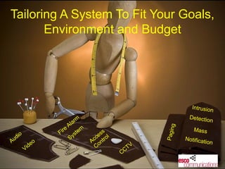 Tailoring A System To Fit Your Goals,
       Environment and Budget




                                                               Intrusion
                                                             Detectio
                         rm                                           n
                      Ala




                                                        g
                  r e       m                                  Mass




                                                   Pagin
    o           Fi       ste          s
                                    es ol
  di                  Sy          c                         Notificat
Au          o                   Ac ontr                              io   n
          de                                  TV
        Vi                        C
                                            CC
 