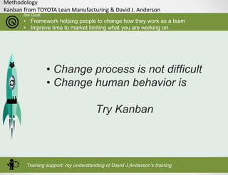 Methodology
Kanban from TOYOTA Lean Manufacturing & David J. Anderson
the Goal:
• Framework helping people to change how they work as a team
• Improve time to market limiting what you are working on
• Change process is not difficult
• Change human behavior is
Try Kanban
Training support: my understanding of David J.Anderson’s training
 