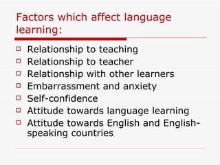 Factors which affect language learning: Relationship to teaching Relationship to teacher Relationship with other learners Embarrassment and anxiety Self-confidence Attitude towards language learning Attitude towards English and English-speaking countries 