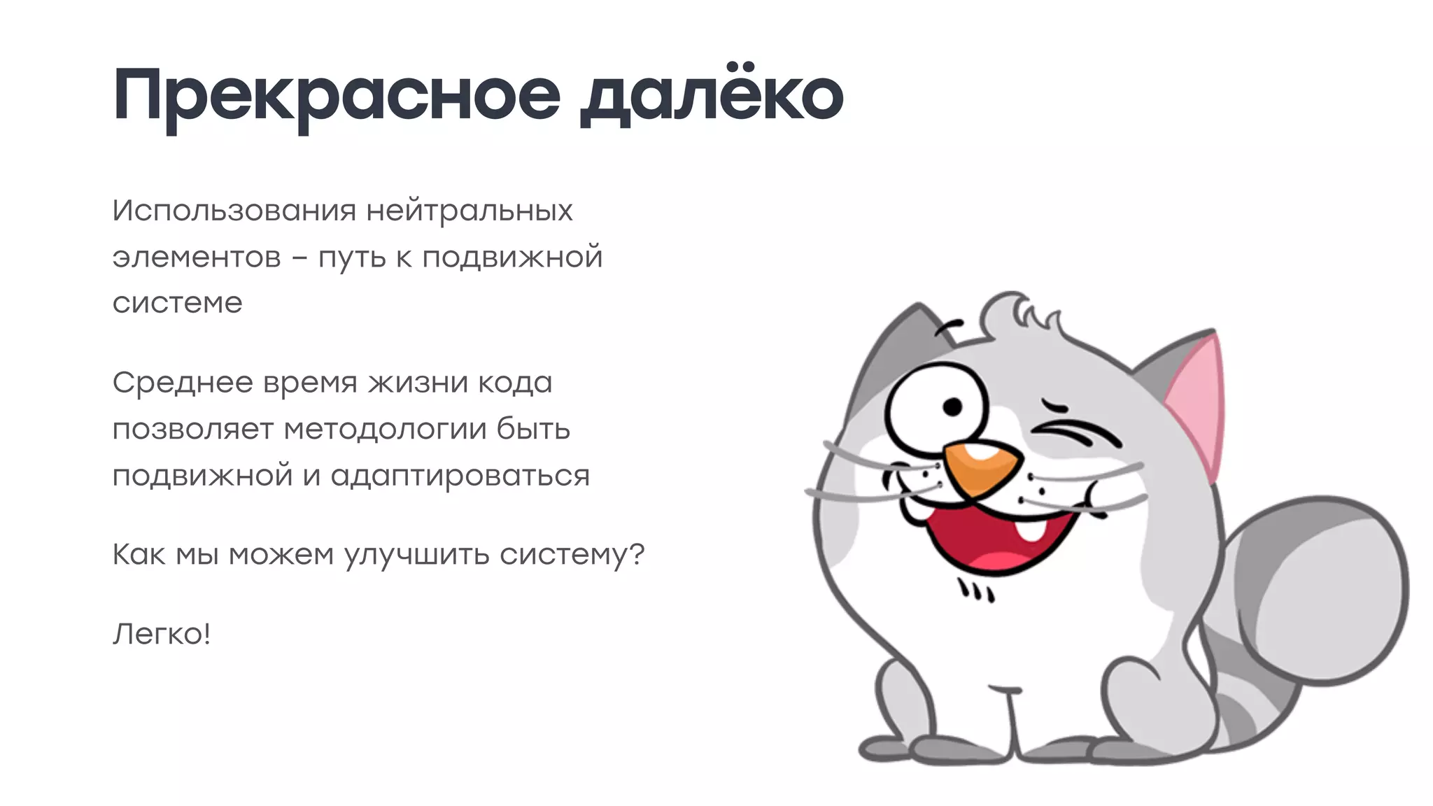 Прекрасное далёко
Использования нейтральных
элементов – путь к подвижной
системе
Среднее время жизни кода
позволяет методологии быть
подвижной и адаптироваться
Как мы можем улучшить систему?
Легко!
 
