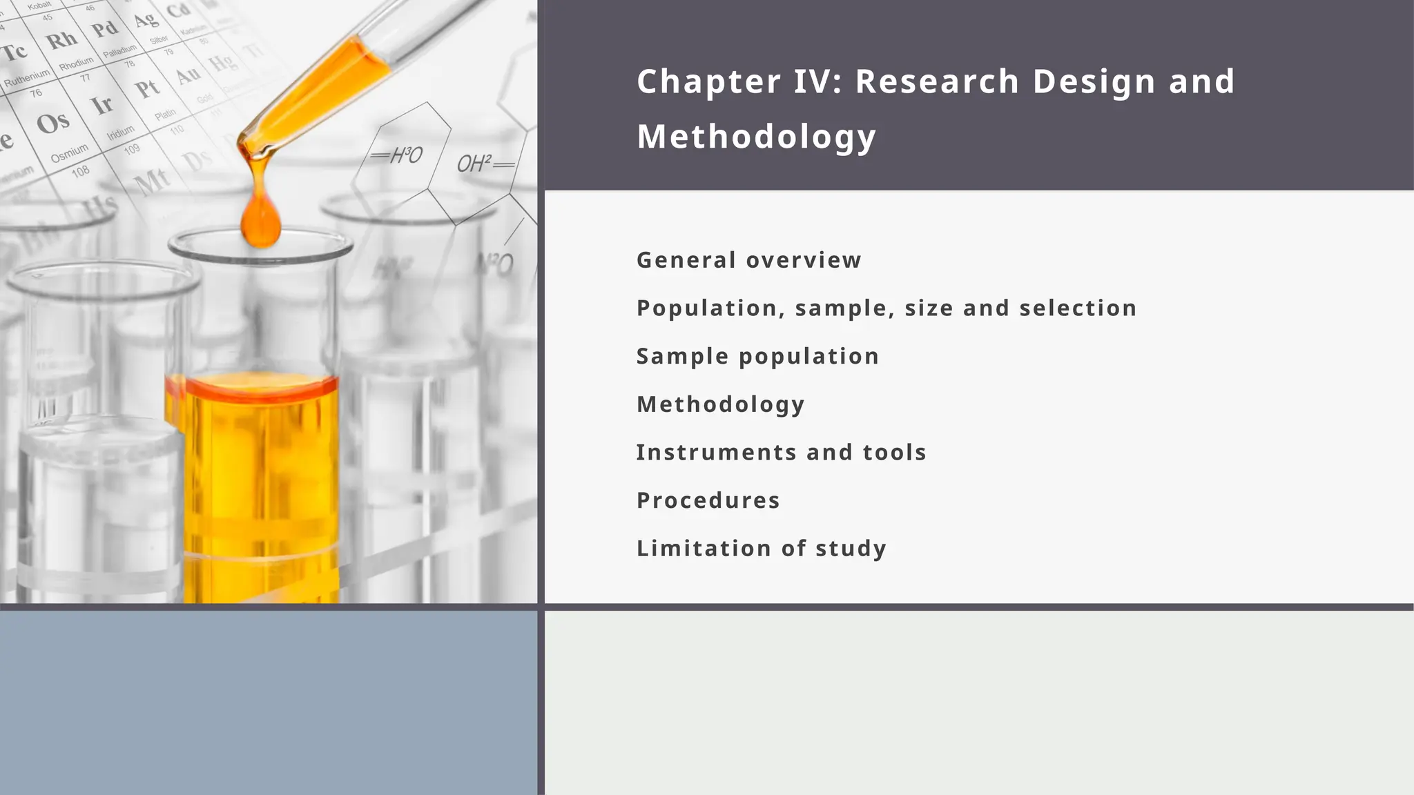 Chapter IV: Research Design and
Methodology
General overview
Population, sample, size and selection
Sample population
Methodology
Instruments and tools
Procedures
Limitation of study
 