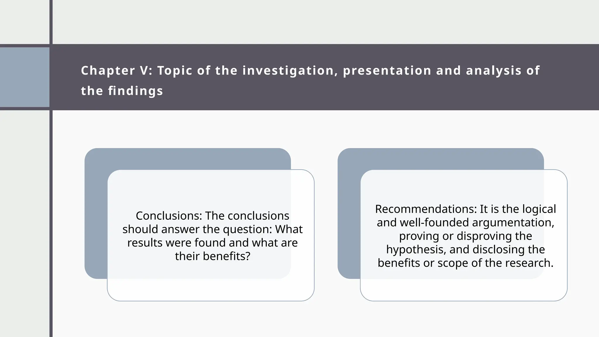 Chapter V: Topic of the investigation, presentation and analysis of
the findings
Conclusions: The conclusions
should answer the question: What
results were found and what are
their benefits?
Recommendations: It is the logical
and well-founded argumentation,
proving or disproving the
hypothesis, and disclosing the
benefits or scope of the research.
 