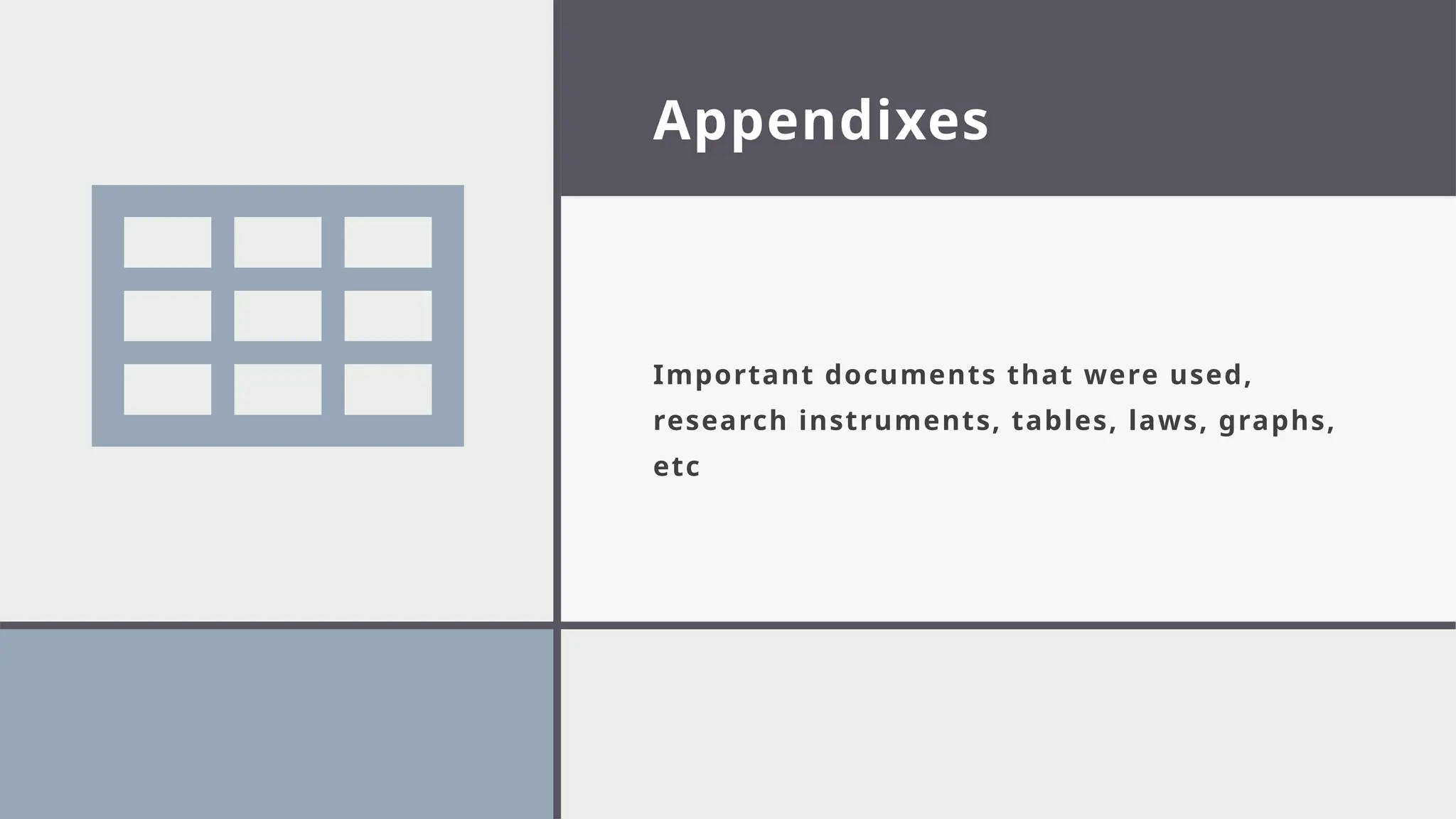 Appendixes
Important documents that were used,
research instruments, tables, laws, graphs,
etc
 