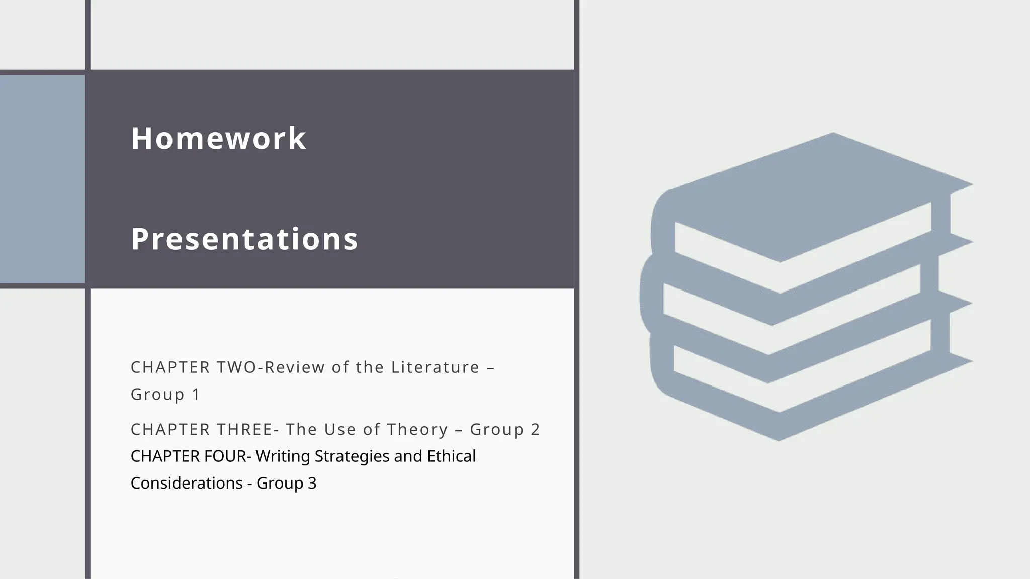 Homework
Presentations
CHAPTER TWO-Review of the Literature –
Group 1
CHAPTER THREE- The Use of Theory – Group 2
CHAPTER FOUR- Writing Strategies and Ethical
Considerations - Group 3
 