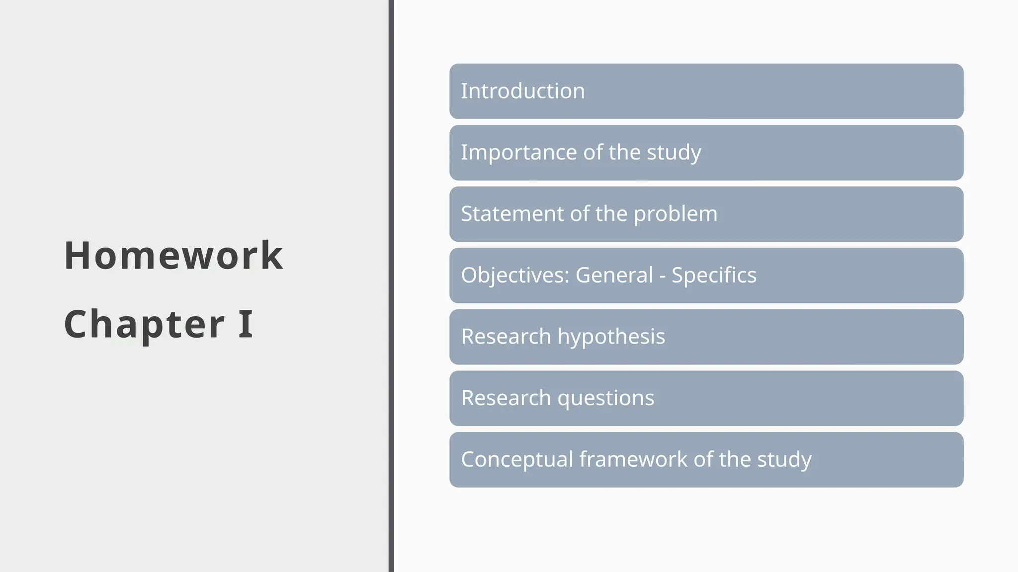 Homework
Chapter I
Introduction
Importance of the study
Statement of the problem
Objectives: General - Specifics
Research hypothesis
Research questions
Conceptual framework of the study
 