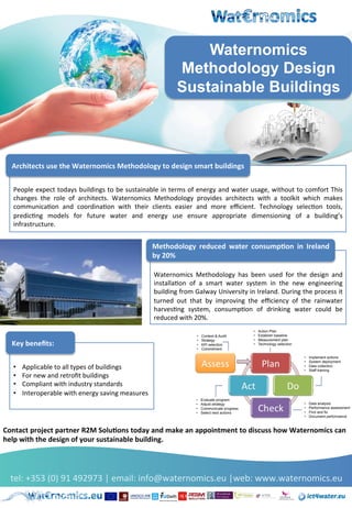 tel:	+353	(0)	91	492973	|	email:	info@waternomics.eu	|web:	www.waternomics.eu	
Contact	project	partner	R2M	Solu2ons	today	and	make	an	appointment	to	discuss	how	Waternomics	can	
help	with	the	design	of	your	sustainable	building.	
	
Waternomics
Methodology Design
Sustainable Buildings
	
	
People	expect	todays	buildings	to	be	sustainable	in	terms	of	energy	and	water	usage,	without	to	comfort	This	
changes	 the	 role	 of	 architects.	 Waternomics	 Methodology	 provides	 architects	 with	 a	 toolkit	 which	 makes	
communicaMon	 and	 coordinaMon	 with	 their	 clients	 easier	 and	 more	 eﬃcient.	 Technology	 selecMon	 tools,	
predicMng	 models	 for	 future	 water	 and	 energy	 use	 ensure	 appropriate	 dimensioning	 of	 a	 building’s	
infrastructure.						
Architects	use	the	Waternomics	Methodology	to	design	smart	buildings	
Methodology	 reduced	 water	 consump2on	 in	 Ireland	
by	20%		
	
Waternomics	 Methodology	 has	 been	 used	 for	 the	 design	 and	
installaMon	 of	 a	 smart	 water	 system	 in	 the	 new	 engineering	
building	from	Galway	University	in	Ireland.	During	the	process	it	
turned	 out	 that	 by	 improving	 the	 eﬃciency	 of	 the	 rainwater	
harvesMng	 system,	 consumpMon	 of	 drinking	 water	 could	 be	
reduced	with	20%.		
•  Applicable	to	all	types	of	buildings	
•  For	new	and	retroﬁt	buildings	
•  Compliant	with	industry	standards	
•  Interoperable	with	energy	saving	measures	
Key	beneﬁts:	
 