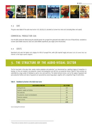 1 1 3
4.3	 GVA
The gross value-added of the audio-visual sector is R1, 697,163,273 calculated as turnover less total costs (excluding labour and capital).
COMMERCIAL PRODUCTION GVA
From the 898 commercials filmed during the 2005/06 period, the surveyed firms generated value-added to the tune of R393,487,459 calculated as
turnover (total billable value) less total costs (total billable expenditure), plus wages (crew remuneration).
4.4	 COSTS
Operational costs were the highest cost category for 46% of surveyed firms, while 39% reported ‘wages and salaries’ and 11% named ‘direct raw
materials’ as their largest expense categories.
The first two levels in the value chain, namely creative origination and production10
are characterised by a significant degree of competition. In
Gauteng, 51 firms are involved in pre-production, research and development and 268 firms are production houses (Table 8). These activities are
undertaken by a large number of individuals as well as micro and small firms. The related technical services, such as the supply of equipment and
post-production facilities and sales of equipment are represented by several large players, together with a competitive fringe of small entities.
Table 8:	 Breakdown by function in the Audio-visual sector
Source: Gauteng Film Commission
5 . THE STRUCTURE OF THE AUDIO-VISUAL SECTOR
10
These activities are sometimes referred to as pre-production, production and post-production.
MAIN BUSINESS/FUNCTION NO. OF FIRMS
Casting and crew 226
Equipment, supplies and facilities 225
Post production 169
Pre-production, research and development 51
Production companies 268
Support services 276
TOTAL 1,215
 