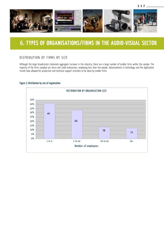 1 1 7
DISTRIBUTION OF FIRMS BY SIZE
Although the large broadcasters dominate aggregate turnover in the industry, there are a large number of smaller firms within the sample. The
majority of the firms sampled are micro and small enterprises, employing less than five people. Advancements in technology and the digitisation
trends have allowed for production and technical support activities to be done by smaller firms.
Figure 5: Distribution by size of organisation
Number of employees
6. TYPES OF ORGANISATIONS/FIRMS IN THE AUDIO-VISUAL SECTOR
45%
40%
35%
30%
25%
20%
15%
10%
5%
0%
DISTRIBUTION BY ORGANISATION SIZE
1 to 4 5 to 19 20 to 49 50+
 