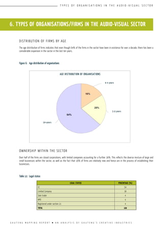 G A U T E N G M A P P I N G R E P O R T l A N A N A L Y S I S O F G A U T E N G ’ S C R E A T I V E I N D U S T R I E S
T Y P E S O F O R G A N I S A T I O N S I N T H E A U D I O - V I S U A L S E C T O R
DISTRIBUTION OF FIRMS BY AGE
The age distribution of firms indicates that even though 64% of the firms in the sector have been in existence for over a decade, there has been a
considerable expansion in the sector in the last ten years.
Figure 6:	 Age distribution of organisations
OWNERSHIP WITHIN THE SECTOR
Over half of the firms are closed corporations, with limited companies accounting for a further 36%. This reflects the diverse mixture of large and
small businesses within the sector, as well as the fact that 16% of firms are relatively new and hence are in the process of establishing their
businesses.
Table 12:	 Legal status
6. TYPES OF ORGANISATIONS/FIRMS IN THE AUDIO-VISUAL SECTOR
AGE DISTRIBUTION OF ORGANISATIONS
10+years
0-4 years
5-9 years
LEGAL STATUS PERCENTAGE (%)
CC 54
Limited Company 36
Sole trader 4
NPO 4
Registered under section 21 4
TOTAL 100
 