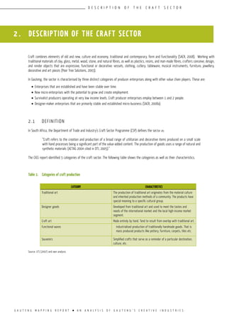 G A U T E N G M A P P I N G R E P O R T l A N A N A L Y S I S O F G A U T E N G ’ S C R E A T I V E I N D U S T R I E S
D E S C R I P T I O N O F T H E C R A F T S E C T O R
2 . DESCRIPTION OF THE CRAFT SECTOR
Craft combines elements of old and new, culture and economy, traditional and contemporary, form and functionality (SACR, 2008). Working with
traditional materials of clay, glass, metal, wood, stone, and natural fibres, as well as plastics, resins, and man-made fibres, crafters conceive, design,
and render objects that are expressive, functional or decorative: vessels, clothing, cutlery, tableware, musical instruments, furniture, jewellery,
decorative and art pieces (Pear Tree Solutions, 2003).
In Gauteng, the sector is characterised by three distinct categories of producer enterprises along with other value chain players. These are:
•	Enterprises that are established and have been stable over time.
•	New micro-enterprises with the potential to grow and create employment.
•	Survivalist producers operating at very low income levels. Craft producer enterprises employ between 1 and 2 people.
•	Designer-maker enterprises that are primarily stable and established micro-business (SACR, 2008a).
2.1	 DEFINITION
In South Africa, the Department of Trade and Industry’s Craft Sector Programme (CSP) defines the sector as:
“Craft refers to the creation and production of a broad range of utilitarian and decorative items produced on a small scale
with hand processes being a significant part of the value-added content. The production of goods uses a range of natural and
synthetic materials (ACTAG 2004 cited in DTI, 2005).”
The CIGS report identified 5 categories of the craft sector. The following table shows the categories as well as their characteristics.
Table 1:	 Categories of craft production
Source: LFS (2007) and own analysis
CATEGORY CHARACTERISTICS
Traditional art The production of traditional art originates from the material culture
and inherited production methods of a community. The products have
special meaning to a specific cultural group.
Designer goods Developed from traditional art and used to meet the tastes and
needs of the international market and the local high-income market
segment.
Craft art Made entirely by hand. Tend to result from overlap with traditional art.
Functional wares Industrialised production of traditionally handmade goods. That is
mass produced products like pottery, furniture, carpets, tiles etc.
Souvenirs Simplified crafts that serve as a reminder of a particular destination,
culture, etc.
 