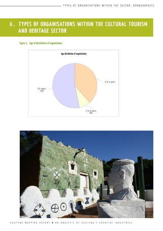 G A U T E N G M A P P I N G R E P O R T l A N A N A L Y S I S O F G A U T E N G ’ S C R E A T I V E I N D U S T R I E S
T Y P E S O F O R G A N I S A T I O N S W I T H I N T H E S E C T O R ; D E M O G R A P H I C S
Figure 5:	 Age of distribution of organisations
6 . TYPES OF ORGANISATIONS WITHIN THE CULTURAL TOURISM
AND HERITAGE SECTOR
10+ years,
53%
5 to 9 years,
8%
0 to 4 years
Age distribution of organisations
 