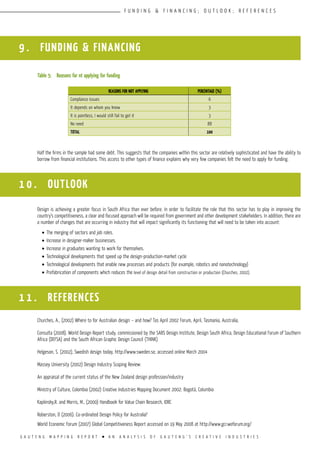 G A U T E N G M A P P I N G R E P O R T l A N A N A L Y S I S O F G A U T E N G ’ S C R E A T I V E I N D U S T R I E S
funding & financing ; O U T L O O K ; R E F E R E N C E S
9 . FUNDING & FINANCING
REASONS FOR NOT APPLYING PERCENTAGE (%)
Compliance issues 6
It depends on whom you know 3
It is pointless, I would still fail to get it 3
No need 88
TOTAL 100
Table 5:	 Reasons for nt applying for funding
Half the firms in the sample had some debt. This suggests that the companies within this sector are relatively sophisticated and have the ability to
borrow from financial institutions. This access to other types of finance explains why very few companies felt the need to apply for funding.
Design is achieving a greater focus in South Africa than ever before. In order to facilitate the role that this sector has to play in improving the
country’s competitiveness, a clear and focused approach will be required from government and other development stakeholders. In addition, there are
a number of changes that are occurring in industry that will impact significantly its functioning that will need to be taken into account:
•	The merging of sectors and job roles.
•	Increase in designer-maker businesses.
•	Increase in graduates wanting to work for themselves.
•	Technological developments that speed up the design-production-market cycle
•	Technological developments that enable new processes and products (for example, robotics and nanotechnology)
•	Prefabrication of components which reduces the level of design detail from construction or production (Churches, 2002).
Churches, A., (2002) Where to for Australian design – and how? Tas April 2002 Forum, April, Tasmania, Australia,
Consulta (2008). World Design Report study, commissioned by the SABS Design Institute, Design South Africa, Design Educational Forum of Southern
Africa (DEFSA) and the South African Graphic Design Council (THINK)
Helgeson, S. (2002), Swedish design today, http://www.sweden.se, accessed online March 2004
Massey University (2002) Design Industry Scoping Review:
An appraisal of the current status of the New Zealand design profession/industry
Ministry of Culture, Colombia (2002) Creative Industries Mapping Document 2002: Bogotá, Columbia
Kaplinsky,R. and Morris, M., (2000) Handbook for Value Chain Research, IDRC
Roberston, D (2006). Co-ordinated Design Policy for Australia?
World Economic Forum (2007) Global Competitiveness Report accessed on 19 May 2008 at http://www.gcr.weforum.org/
1 0 . OUTLOOK
1 1 . REFERENCES
 
