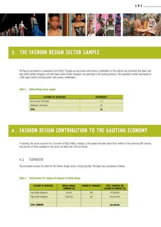 1 8 1
The figures are based on a population size of 600. Through our discussions with various stakeholders of the industry we estimated that about 100
high profile fashion designers and 500 lower profile fashion designers are operating in the Gauteng province. The population number was based on
a JDA report (2004) and discussions with various stakeholders.
Table 1:	 Fashion Design Sector sample
In Gauteng, the sector accounts for a turnover of R193 million, employs 2,700 people and adds about R121 million to the provincial GDP. Seventy
nine percent of those employed in the sector are Black and 72% are female.
4.1	 TURNOVER
The estimated turnover for 2006 for the fashion design sector is R192,500,000. The figure was calculated as follows:
Table 2:	 Total turnover for category of company in Fashion Design
3 . THE Fashion design sector sample
CATEGORY OF INTERVIEWS RESPONDENTS
Face-to-face interviews 11
Telephonic interviews 52
TOTAL 63
4 . FASHION DESIGN CONTRIBUTION TO THE GAUTENG ECONOMY
CATEGORY OF COMPANIES MEDIAN ANNUAL
TURNOVER (R)
NUMBER OF COMPANIES TOTAL TURNOVER FOR
CATEGORY OF COMPANY (R)
Low profile designers 95,000 500 47,500,000
High profile designers 1,450,000 100 145,000,000
Total TURNOVER 192,500,000
 