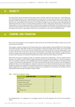 G A U T E N G M A P P I N G R E P O R T l A N A N A L Y S I S O F G A U T E N G ’ S C R E A T I V E I N D U S T R I E S
M A R K E T S ; F U N D I N G A N D F I N A N C I N G
The majority (64%) of the firms interviewed sell their products directly to the public. Another 27% sell to other firms – mostly clothing shops.
Only a small percentage (36%) of the firms interviewed participate in the export market. The main markets (33% each) are the EU, North America
and Canada and SADC, with approximately a quarter of those exporting participating in each of these markets. The low export participation rate
within this sector is directly linked to the size distribution of firms. Smaller firms struggle to enter into and maintain export relationships given the
administrative burden that this entails. This includes maintaining relationships with clients, travelling abroad, obtaining letters of credit from banks,
tracking shipments as well as the administrative burden of running the business, designing and making clothes. Thus interventions that aim to get
smaller firms to export are likely to fail if they do not take these factors into consideration. A more successful strategy would be to focus on policies
that enable the firms to grow to a large enough size where they can successfully enter into and survive in the international market.
Only 17 percent of the respondents in this sector applied for funding. Until last year, the DTI helped Fashion designers to register and set-up their
business during SA Fashion Week.
Fashion designers can apply for funding from the DTI through the Black Business Supplier Development Programme (BBSDP) and the Export Marketing
and Investment Assistance Scheme (EMIA). The EMIA can be used by designers to showcase their designs overseas. However, costs are only refunded
on return to South Africa, so the current structure does not benefit small or poor businesses which do not have the working capital or access
to credit to fund these types of trips. There is also very little continual progress for the designer after participating at an international event.
Furthermore, a designer may not benefit fully from these types of trips if they do not have the business skills or production capabilities to move into
the export market. Exporting can be associated with large administrative burdens, which many smaller companies cannot bear.
When asked for the reasons for not applying for funding, 31% respondents stated they did not needed funding – some cross-subsidized from other
businesses, 13% stated that it would be pointless to apply as they would fail to get it and 9% stated compliance as a reason for not applying. A
further 26% respondents stated that a lack of knowledge/information about the availability of and types of funding, and the application process
as reasons for the low levels of funding applications in this sector. Some stated that they did not have the resources or time to investigate the
availability of funding as many fashion designers are single-person businesses. Also, some designers interviewed during this research noted that
the application procedure is too complicated and too long. Others question where the funds go to and if they reach the ‘right’ people. A number of
designers suggested that more transparency surrounding the funding process, e.g. publishing of a list of beneficiaries and the selection criteria for
those beneficiaries would encourage more designers to apply for funding.
Table 6:	 Reasons for not applying for funding
Firms employing between 1 to 4 employees and 5 to 19 employees represent 11% and 6% respectively of the 17% of firms that did apply for
funding.
8 . MARKETS
9 . FUNDING AND FINANCING
REASONS FOR NOT APPLYING PERCENTAGE (%)
Compliance issues 9
Cross subsidy from other business 6
It depends on whom you know 9
It is pointless, I would still fail to get it 13
Did not know there was funding 26
No need 31
Other (Red tape, time, ) 6
TOTAL 100
 