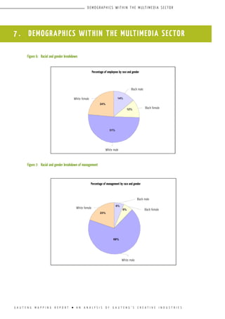 G A U T E N G M A P P I N G R E P O R T l A N A N A L Y S I S O F G A U T E N G ’ S C R E A T I V E I N D U S T R I E S
D E M O G R A P H I C S W I T H I N T H E M U LT I M E D I A S E C TO R
7 . DEMOGRAPHICS WITHIN THE MULTIMEDIA SECTOR
Figure 6:	 Racial and gender breakdown
Figure 7:	 Racial and gender breakdown of management
Percentage of employees by race and gender
White female
Black male
Black female
White male
Percentage of management by race and gender
White female
Black male
Black female
White male
 