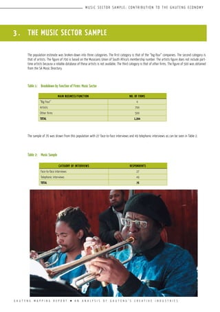 G A U T E N G M A P P I N G R E P O R T l A N A N A L Y S I S O F G A U T E N G ’ S C R E A T I V E I N D U S T R I E S
M U S I C S E C T O R S A M P L E ; C O N T R I B U T I O N T O T H E G A U T E N G E C O N O M Y
3 . THE MUSIC SECTOR SAMPLE
The population estimate was broken-down into three categories. The first category is that of the “big-four” companies. The second category is
that of artists. The figure of 700 is based on the Musicians Union of South Africa’s membership number. The artists figure does not include part-
time artists because a reliable database of these artists is not available. The third category is that of other firms. The figure of 500 was obtained
from the SA Music Directory.
Table 1:	 Breakdown by Function of Firms: Music Sector
The sample of 76 was drawn from this population with 27 face-to-face interviews and 49 telephonic interviews as can be seen in Table 2.
Table 2:	 Music Sample
CATEGORY OF INTERVIEWS RESPONDENTS
Face-to-face interviews 27
Telephonic interviews 49
TOTAL 76
MAIN BUSINESS/FUNCTION NO. OF FIRMS
“Big Four” 4
Artists 700
Other firms 500
TOTAL 1,204
 