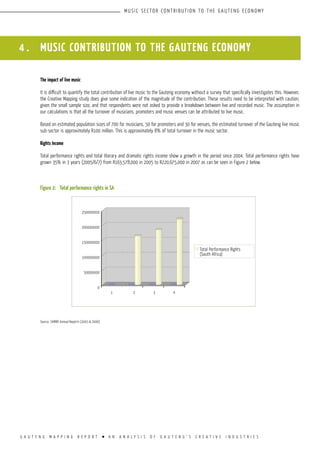 G A U T E N G M A P P I N G R E P O R T l A N A N A L Y S I S O F G A U T E N G ’ S C R E A T I V E I N D U S T R I E S
MUSIC SECTOR CONTRIBUTION TO THE GAUTENG ECONOMY
4 . MUSIC CONTRIBUTION TO THE GAUTENG ECONOMY
The impact of live music
It is difficult to quantify the total contribution of live music to the Gauteng economy without a survey that specifically investigates this. However,
the Creative Mapping study does give some indication of the magnitude of the contribution. These results need to be interpreted with caution,
given the small sample size, and that respondents were not asked to provide a breakdown between live and recorded music. The assumption in
our calculations is that all the turnover of musicians, promoters and music venues can be attributed to live music.
Based on estimated population sizes of 700 for musicians, 50 for promoters and 30 for venues, the estimated turnover of the Gauteng live music
sub-sector is approximately R100 million. This is approximately 8% of total turnover in the music sector.
Rights Income
Total performance rights and total literary and dramatic rights income show a growth in the period since 2004. Total performance rights have
grown 35% in 3 years (2005/6/7) from R163,578,000 in 2005 to R220,675,000 in 2007 as can be seen in Figure 2 below.
Figure 2:	 Total performance rights in SA
Source: SAMRO Annual Reports (2005 & 2006)
Total Performance Rights
(South Africa)
250000000
200000000
150000000
100000000
50000000
0
1 2 3 4
 