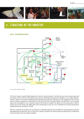 2 1 9
Figure 6:	 Music Digital Value Network
Source: Connectus Consulting Inc. (2007:66)
The Internet, through its support of digital downloads, has created an important disconnect in the flow from music master to physical project and
the consumer with the result that “sale of physical product has been substantially undermined by the availability of a much cheaper alternative”
(2007:67). However, it is not only the traditional business model (governed by sales) that is affected but so is the management of risk in the music
business. Previously a few good ‘hits’ compensated for the many non-hits with the risk equation balanced in the label’s favour. The much greater
range, choice and availability of music to consumers because of the Internet has resulted in the relative size of hits being reduced. In 2000 for
instance a No I hit sold 252,000 copies (Nelly’s album Country Grammar) while in 2007 a No 1 hit on the Billboard charts sold only 66,000 albums
(Dreamgirls) (Connectus Consulting Inc, 2007:68).
While this is potentially very disruptive to the record industry as traditionally understood, with record labels and recording companies loosing their
gate keeping power over production, there is no doubt than in opening up distribution, the Internet provides many opportunities to entrepreneurial
musicians now able to reach more audiences worldwide.
5 . STRUCTURE OF THE INDUSTRY
 