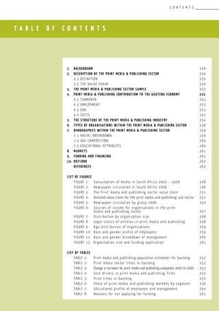 T A B L E O F C O N T E N T S
C O N T E N T S
						
1.	 Background				 					 248
2.	 Description of the PRINT MEDIA & PUBLISHING SectOR	 			 250
	 2.1	Definition								 250
	 2.2	The value chain 							 250
3.	 The PRINT MEDIA & PUBLISHING SECTOR Sample				 252
4.	 PRINT MEDIA & PUBLISHING Contribution to the Gauteng Economy		 252
	 4.1	Turnover								 252
	 4.2	Employment								 253
	 4.3	GVA									 253
	 4.4	COSTS									 253
5.	 THE Structure of the PRINT MEDIA & PUBLISHING INDUSTRY			 254
6.	 Types of organisations within the PRINT MEDIA & PUBLISHING Sector	 258
7.	 Demographics within the PRINT MEDIA & PUBLISHING sectoR			 259
	 7.1	Racial breakdown							 259
	 7.2	aGE COMPOSITION							 260
	 7.2	Educational attributes						 260
8.	 MARKETS									 261
9.	 FUNDING AND FINANCING							 261
10.	 OUTLOOK									 262
	 REFERENCES									 262
LIST OF FIGURES
	 FIGURE 1:	 Consumption of media in South Africa 2002 - 2006		 248
	 FIGURE 2:	 Newspaper circulation in South Africa 2006			 248
	 FIGURE 3:	 The Print media and publishing sector value chain		 251
	 FIGURE 4:	 Detailed value chain for the print media and publishing sub-sector	 251
	 FIGURE 5:	 Newspaper circulation by group 2006				 254
	 FIGURE 6:	 Sources of income for organisations in the print 		
		 media and publishing sector 					 257
	 FIGURE 7:	 Distribution by organisation size				 258
	 FIGURE 8:	 Legal status of entities in print media and publishing		 258
	 FIGURE 9:	 Age distribution of organisations				 259
	 FIGURE 10:	 Race and gender profile of employees				 259
	 FIGURE 11:	 Race and gender breakdown of management			 260
	 FIGURE 12:	 Organisation size and funding application			 261
	
LIST OF TABLES
	 TABLE 1:	 Print media and publishing population estimates for Gauteng	 252
	 TABLE 2:	 Print media sector titles in Gauteng				 252
	 TABLE 3:	 Change in turnover for print media and publishing companies 2002 to 2005	 253
	 TABLE 4:	 Cost drivers in print media and publishing firms		 253
	 TABLE 5:	 Print titles in Gauteng						 255
	 TABLE 6:	 Share of print media and publishing markets by segment	 256
	 TABLE 7:	 Educational profile of employees and management		 260
	 TABLE 8:	 Reasons for not applying for funding				 261
 