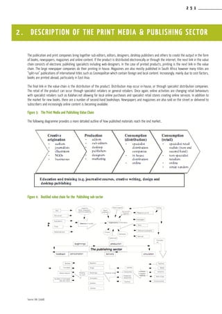 2 5 1
2 . DESCRIPTION OF THE PRINT MEDIA & PUBLISHING SECTOR
The publication and print companies bring together sub-editors, editors, designers, desktop publishers and others to create the output in the form
of books, newspapers, magazines and online content. If the product is distributed electronically or through the internet, the next link in the value
chain consists of electronic publishing specialists including web-designers. In the case of printed products, printing is the next link in the value
chain. The large newspaper companies do their printing in house. Magazines are also mostly published in South Africa however many titles are
“split-run” publications of international titles such as Cosmopolitan which contain foreign and local content. Increasingly, mainly due to cost factors,
books are printed abroad, particularly in East Asia.
The final link in the value-chain is the distribution of the product. Distribution may occur in-house, or through specialist distribution companies.
The retail of the product can occur through specialist retailers or general retailers. Once again, online activities are changing retail behaviours
with specialist retailers such as Kalahari.net allowing for local online purchases and specialist retail stores creating online services. In addition to
the market for new books, there are a number of second-hand bookshops. Newspapers and magazines are also sold on the street or delivered to
subscribers and increasingly online content is becoming available.
Figure 3:	 The Print Media and Publsihing Value Chain
The following diagramme provides a more detailed outline of how published materials reach the end market..
Figure 4:	 Deatiled value chain for the Publsihing sub-sector
Source: DAC (1998)
 