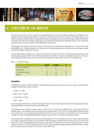 The print media sub-sector in particular has come under considerable pressure to improve its BEE profile, culminating in the establishment of the
government-sponsored, industry-supported MDDA. A recent feature of the sub-sector has been some turbulence in BEE holdings, however, with an
attempt at a takeover of Kagiso by New Africa Media blocked by broadcasting regulatory restrictions and the subsequent dissolution of NAM, with
its holdings sold into other media companies, including Johnnic, which now owns the Sowetan and the Sunday World. Johnnic is in turn, coming under
pressure for regulatory reasons to do with its BEE shareholding (SA Yearbook, 2007).
Hadland suggests that despite this movement in ownership, “traditional patterns of ownership and of readership persist” in the South African media
today (Hadland, 2004). Its historical divisions into an Afrikaans press, an English-language press and a black press have to some degree remained,
as has the concentration of ownership in the sector.
The table below provides a breakdown in the number of print media titles with main offices based in Gauteng. Approximately one-third of urban
daily and weekly newspapers, half of the free distribution publications and two-thirds of magazines are published in the province. This figure is
substantially lower for the community press since many of these newspapers serve smaller towns rather than the metropolitan areas.
Table 5:	 Print titles in Gauteng
Book publishing
The Publishing Association of South Africa (PASA) is the largest publishing industry body and represents over 150 members in South Africa. The
breakdown of membership by region is as follows:
l	 Gauteng – 65 (43%)
l	 Western Cape – 63 (42%)
l	 KwaZulu-Natal – 18 (12%)
l	 Other – 5 (3%)
Many of the larger publishers that are not based in Gauteng have branches in the province. Among the publishing houses, approximately a third (at
the National level) have at least 50% foreign ownership (PASA, 2006).
PASA, together with the University of Pretoria, conduct an annual survey of the South African publishing sector. In 2007 they interviewed 36
publishing entities. These publishing entities were classified into size groups based on their turnover. The large publishers (those with annual
turnover of R50 million or more) contributed approximately 90% of total net turnover for the sample as a whole. PASA also has an online database
of freelancers involved in the publishing industry which, although not exhaustive, lists 27 freelancers that are based in Gauteng.
The educational sector is the largest source of turnover for the publishing sector. This sector publishes for schools, further education and training
(FET) colleges and adult basic education and training (ABET). Of these three groups, publishing materials for schools accounts for 53% of total
national net turnover. Trade publishing (fiction and non-fiction) is the next most important source of revenue accounting for 29% of total net
turnover. The market for non-fiction is about 6% larger than for fiction. Academic publishing, including textbooks, professional publications, scholarly
books and academic journals, contributes 17% to total net turnover (PASA, 2007).
5 . STRUCTURE OF THE INDUSTRY
GAUTENG NATIONAL %
Urban dailies and Weeklies 20 64 31
Community press 5 54 9
Free distribution publications 68 141 48
Magazines 269 403 67
2 5 5
 