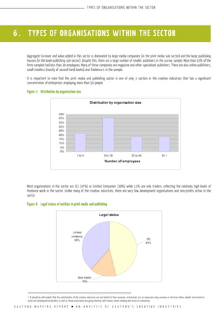 G A U T E N G M A P P I N G R E P O R T l A N A N A L Y S I S O F G A U T E N G ’ S C R E A T I V E I N D U S T R I E S
TYPES OF ORGANISATIONS WITHIN THE SECTOR
6 . TYPES OF ORGANISATIONS WITHIN THE SECTOR
Aggregate turnover and value-added in this sector is dominated by large media companies (in the print media sub-sector) and the large publishing
houses (in the book publishing sub-sector). Despite this, there are a large number of smaller publishers in the survey sample. More than 63% of the
firms sampled had less than 20 employees. Many of these companies are magazine and other specialised publishers. There are also online publishers,
small retailers (mostly of second-hand books) and freelancers in the sample.
It is important to note that the print media and publishing sector is one of only 3 sectors in the creative industries that has a significant
concentration of enterprises employing more than 50 people
Figure 7:	 Distribution by organisation size
Most organisations in the sector are CCs (47%) or Limited Companies (38%) while 15% are sole traders, reflecting the relatively high levels of
freelance work in the sector. Unlike many of the creative industries, there are very few development organisations and non-profits active in the
sector.
Figure 8:	 Legal status of entities in print media and publishing
3
It should be self-evident that the contributions of the creative industries are not limited to their economic contribution (i.e. as measured using turnover or the Gross Value-added) and extend to
social and developmental benefits as well as those of personal and group identity, self esteem, nation building and sense of community.
 