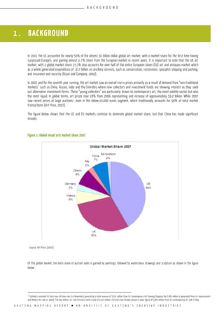 G A U T E N G M A P P I N G R E P O R T l A N A N A L Y S I S O F G A U T E N G ’ S C R E A T I V E I N D U S T R I E S
1 . BACKGROUND
In 2001 the US accounted for nearly 50% of the almost 30 billion dollar global art market, with a market share for the first time having
surpassed Europe’s, and gaining almost a 7% share from the European market in recent years. It is important to note that the UK art
market, with a global market share 25.3% also accounts for over half of the entire European Union (EU) art and antiques market which
as a whole generated expenditure of £l.7 billion on ancillary services, such as conservation, restoration, specialist shipping and packing,
and insurance and security (Kusin and Company, 2002).
In 2007, and for the seventh year running, the art market saw an overall rise in prices primarily as a result of demand from “non-traditional
markets” such as China, Russia, India and the Emirates where new collectors and investment funds are showing interest as they seek
out alternative investment forms. These “young collectors” are particularly drawn to contemporary art, the most volatile sector but also
the most liquid. In global terms, art prices rose 18% from 2006 representing and increase of approximately $9.2 billion. While 2007
saw record prices at large auctions1
, even in the below-10,000 euros segment, which traditionally accounts for 90% of total market
transactions (Art Price, 2007),
The figure below shows that the US and EU markets continue to dominate global market share, but that China has made significant
inroads.
Figure 1: Global visual arts market share 2007
Source: Art Price (2007)
Of this global market, the lion’s share of auction sales is garned by paintings, followed by watercolour drawings and sculpture as shown in the figure
below:
B A C K G R O U N D
1
Sotheby’s recorded its best ever all-time sale (14 November) generating a total revenue of $316 million from its Contemporary Art Evening (topping the $286 million it generated from its Impressionist
and Modern Art sale in 1990). The day before, its rival Christie’s took a total of $325 million. Christie’s had already posted a sales figure of $385 million from its contemporary art sale in May.
 