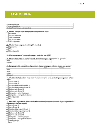 BASELINE DATA
Permanent-full time    
Permanent part-time    
Contract/freelancers/service providers  
26. Has the average wage of employees changed since 2005?
  No change
  0 - 10 % decrease
  10 + % decrease
  0 - 10 % increase
  10 % + increase
27. What is the average contract length? (months)
  Open ended
  N/A
  Other (specify)
28. What percentage of your employees are under the age of 35?
29. What is the number of employees with disabilities in your organisation by gender?
Male  
Female  
30. Can you provide a breakdown (by number) of your employees in terms of race and gender?
    Male Female
Black    
White    
Indian    
Coloured    
31. What level of education does most of your workforce have, excluding management (choose
one)?
  Up to Grade 10
  Up to Grade 12
  Vocational training with Grade 10
  Vocational training with grade 12
  Diploma with Grade 10
  Diploma with Grade 12
  Completed a university degree
  Completed a post-graduate degree
  Other (specify)
  N/A
32. What is the highest level of education of the top manager or principal owner of your organisation?
(Please mark the appropriate)
  Up to Grade 10
  Up to Grade 12
  Vocational training with Grade 10
  Vocational training with grade 12
  Diploma with Grade 10
  Diploma with Grade 12
  Completed a university degree
  Completed a post-graduate degree
  Other (specify)
  N/A
3 3 9
 