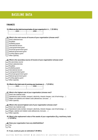 G A U T E N G M A P P I N G R E P O R T l A N A N A L Y S I S O F G A U T E N G ’ S C R E A T I V E I N D U S T R I E S
BASELINE DATA
FINANCES
33. What are the total turnover/sales of your organisation in ...? (R 000’s)
2005 2006
   
34. What is the main source of income of your organisation (choose one)?
  Direct sales/services
  Royalties
  Subletting space
  International donors
  Local government grant
  Provincial government grant
  National government grant
  Funding agency grant
  Other (specify)
35. What is the secondary source of income of your organisation (choose one)?
  No secondary source
  Direct sales/services
  Royalties
  Subletting space
  International donors
  Local government grant
  Provincial government grant
  National government grant
  Funding agency grant
  Other (specify)
36. What is the total cost of running your business in …? (R 000’s)
2005 2006
   
37. What is the highest cost of your organisation (choose one)?
  Direct raw material costs
  Operational costs (rentals, transport, electricity, interest charges, cost of technology …)
  Wages and salaries and related costs (allowances, bonuses …)
  Other (specify)
38. What is the second highest cost of your organisation (choose one)?
  Direct raw material costs
  Operational costs (rentals, transport, electricity, interest charges, cost of technology …)
  Wages, salaries and related costs (allowances, bonuses …)
  Other (specify)
39. What is the replacement value of the assets of your organisation (E.g. machinery, tools
…)? (R 000’s)
40. Does your organisation have any debt/liabilities?
  Yes
  No
41. If yes, could you give an estimation? (R 000’s)
 