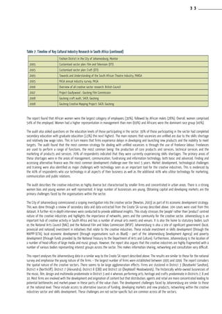 Table 7: Timeline of Key Cultural Industry Research in South Africa (continued)
The report found that African women were the largest category of employees (30%), followed by African males (28%). Overall, women comprised
54% of the employed. Women had a higher representation in management than men (69%) and Africans were the dominant race group (40%).
The audit also asked questions on the education levels of those participating in the sector. 39% of those participating in the sector had completed
secondary education with graduate education (13%) the next highest. The main reasons that vacancies are unfilled are due to the skills shortage
and relatively low wage rates. This in turn means that firms experience delays in developing and launching new products and the inability to meet
targets. The audit found that the most common strategy for dealing with unfilled vacancies is through the use of freelance labour. Freelances
are used to perform a range of functions, the most common being: the production of core products and services, technical services and the
marketing of products and services. 70% of respondents indicated that they were currently experiencing skills shortages. The primary areas of
these shortages were in the areas of management, communication, fundraising and information technology, both basic and advanced. Finding and
accessing alternative finance was the most common development challenge over the next 5 years. Market development, technological challenges
and training were also identified as major challenges with technology seen as an important tool for the creative industries. This is evidenced by
the 40% of respondents who use technology in all aspects of their business as well as the additional 40% who utilise technology for marketing,
communication and public relations.
The audit describes the creative industries as highly diverse but characterised by smaller firms and concentrated in urban areas. There is a strong
women bias and young women are well represented. A large number of businesses are young. Obtaining capital and developing markets are the
primary challenges faced by the organisations within the sector.
The City of Johannesburg commissioned a scoping investigation into the creative sector (Newton, 2003) as part of its economic development strategy.
This was done through a review of secondary data and data extracted from the Create SA survey described above. 104 cases were used from this
dataset. A further 40 in-depth interviews were conducted to provide additional insights. This study stresses the ‘people’ rather than ‘product’ centred
nature of the creative industries and highlights the importance of networks, peers and the community for the creative sector. Johannesburg is an
important hub of creative activity in South Africa and has a number of annual arts events and venues. It is also the home to statutory bodies such
as the National Arts Council (NAC) and the National Film and Video Commission (NFVF). Johannesburg is also a site of significant government (local,
provincial and national) investment in initiatives that relate to the creative industries. These include investment in skills development (through the
MAPPP-SETA), local economic development (through organisations such as BlueIQ – part of the Johannesburg Development Agency) and poverty
development (through funds provided by the National Treasury to the Department of Arts and Culture). Furthermore, Johannesburg is the location of
a number of head-offices of large media and music groups. However, the report also argues that the creative industries are highly fragmented with a
number of various bodies representing interest groups across the sector. This makes information sharing, networking and consultation very difficult.
This report analyses the Johannesburg data in a similar way to the Create SA report described above. The results are similar to those for the national
survey and emphasise the young nature of the firms – the largest number of firms were established between 1995 and 1999. The report considers
the spatial nature of the creative sectors. There seems to be large agglomeration effects. Firms are clustered in District 3 (Rosebank/ Sandton),
District 4 (Northcliff), District 7 (Alexandra), District 8 (CBD) and District 10 (Diepkloof/ Meadowlands). The historically white-owned businesses of
the music, film, design and multimedia predominate in District 3 and 4 whereas performing arts, heritage and crafts predominate in Districts 7, 8 and
10. Most firms are involved with the development and origination of content but that distribution, agents and retail are more concentrated leading to
potential bottlenecks and market-power in these parts of the value chain. The development challenges faced by Johannesburg are similar to those
at the national level. These include access to alternative sources of funding, developing markets and new products, networking within the creative
industries sector and skills development. These challenges are not sector-specific but are common across all the sectors.
Fashion District in the City of Johannesburg, Monitor
2005 Customised sector plan: Film and Television (DTI)
2005 Customised sector plan: Craft (DTI)
2005 Towards and Understanding of the South African Theatre Industry, PANSA
2005 PASA annual industry survey, PASA
2006 Overview of all creative sector research: British Council
2007 Project Gaullywood : Gauteng Film Commission
2008 Gauteng craft audit, SACR, Gauteng
2008 Gauteng Creative Mapping Project: SACR, Gauteng
3 3
 