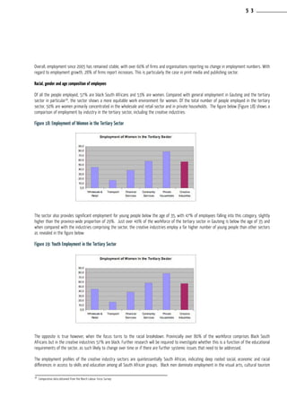 Overall, employment since 2005 has remained stable, with over 60% of firms and organisations reporting no change in employment numbers. With
regard to employment growth, 28% of firms report increases. This is particularly the case in print media and publishing sector.
Racial, gender and age composition of employees
Of all the people employed, 57% are black South Africans and 53% are women. Compared with general employment in Gauteng and the tertiary
sector in particular38
, the sector shows a more equitable work environment for women. Of the total number of people employed in the tertiary
sector, 50% are women primarily concentrated in the wholesale and retail sector and in private households. The figure below (Figure 18) shows a
comparison of employment by industry in the tertiary sector, including the creative industries:
Figure 18: Employment of Women in the Tertiary Sector
The sector also provides significant employment for young people below the age of 35, with 47% of employees falling into this category, slightly
higher than the province-wide proportion of 29%. Just over 40% of the workforce of the tertiary sector in Gauteng is below the age of 35 and
when compared with the industries comprising the sector, the creative industries employ a far higher number of young people than other sectors
as revealed in the figure below:
Figure 19: Youth Employment in the Tertiary Sector
The opposite is true however, when the focus turns to the racial breakdown. Provincially over 80% of the workforce comprises Black South
Africans but in the creative industries 57% are black. Further research will be required to investigate whether this is a function of the educational
requirements of the sector, as such likely to change over time or if there are further systemic issues that need to be addressed.
The employment profiles of the creative industry sectors are quintessentially South African, indicating deep rooted social, economic and racial
differences in access to skills and education among all South African groups. Black men dominate employment in the visual arts, cultural tourism
38
Comparative data obtained from the March Labour Force Survey
5 3
 