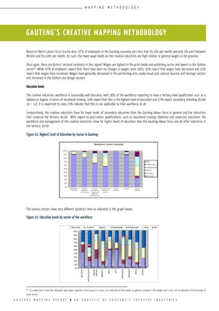 G A U T E N G M A P P I N G R E P O R T l A N A N A L Y S I S O F G A U T E N G ’ S C R E A T I V E I N D U S T R I E S
Based on March Labour Force Survey data, 47% of employees in the Gauteng economy earn less than R2,500 per month and only 5% earn between
R8,000 and R11,000 per month. As such, the mean wage levels on the creative industries are high relative to general wages in the province.
Once again, there are distinct sectoral variations in this regard. Wages are highest in the print media and publishing sector and lowest in the fashion
sector40
. While 37% of employers report that there have been no changes in wages since 2005, 35% report that wages have decreased and 25%
report that wages have increased. Wages have generally decreased in the performing arts, audio-visual and cultural tourism and heritage sectors
and increased in the fashion and design sectors.
Education levels
The creative industries workforce is reasonably well educated, with 36% of the workforce reporting to have a tertiary level qualification such as a
diploma or degree. In terms of vocational training, 10% report that this is the highest level of education and 27% report secondary schooling (Grade
10 – 12). It is important to note 25% indicate that this is not applicable to their workforce at all.
Comparatively, the creative industries have far lower levels of secondary education than the Gauteng labour force in general and the industries
that comprise the tertiary sector. With regard to post-matric qualifications, such as vocational training, diplomas and university education, the
workforce and management of the creative industries show far higher levels of education than the Gauteng labour force and all other industries in
the tertiary sector.
Figure 22: Highest Level of Education by Sector in Gauteng
The various sectors have very different dynamics here as indicated in the graph below:
Figure 23: Education levels by sector of the workforce
40
It is important to note the reasonably high wages reported in the visual arts sector is an indication of the number of galleries included in the sample, and is thus not an indication of the earnings of
visual artists.
GAUTENG’S CREATIVE MAPPING METHODOLOGY
M A P P I N G M E T H O D O L O G Y
 